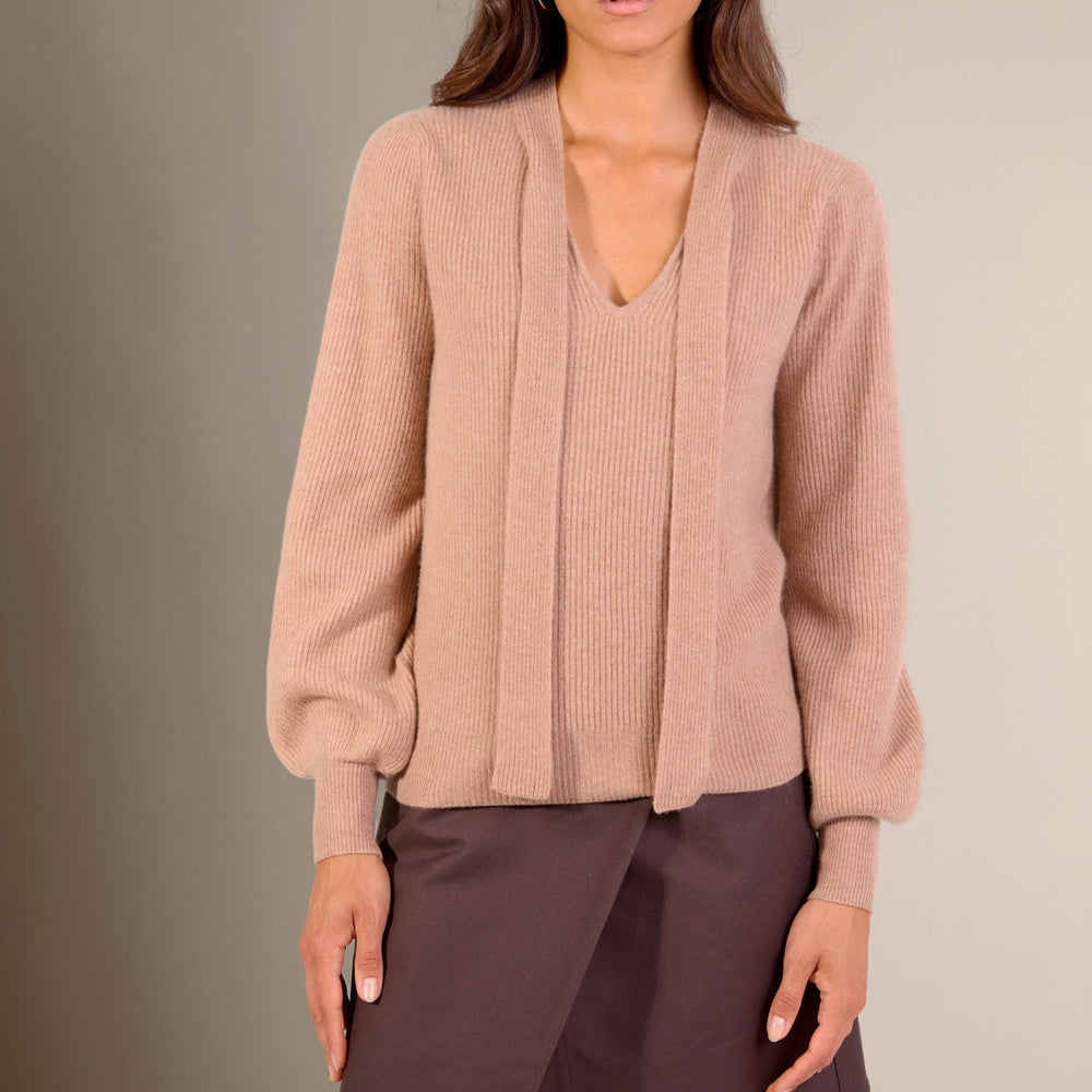 ruba pull col lavallière camel chiné 100% cachemire