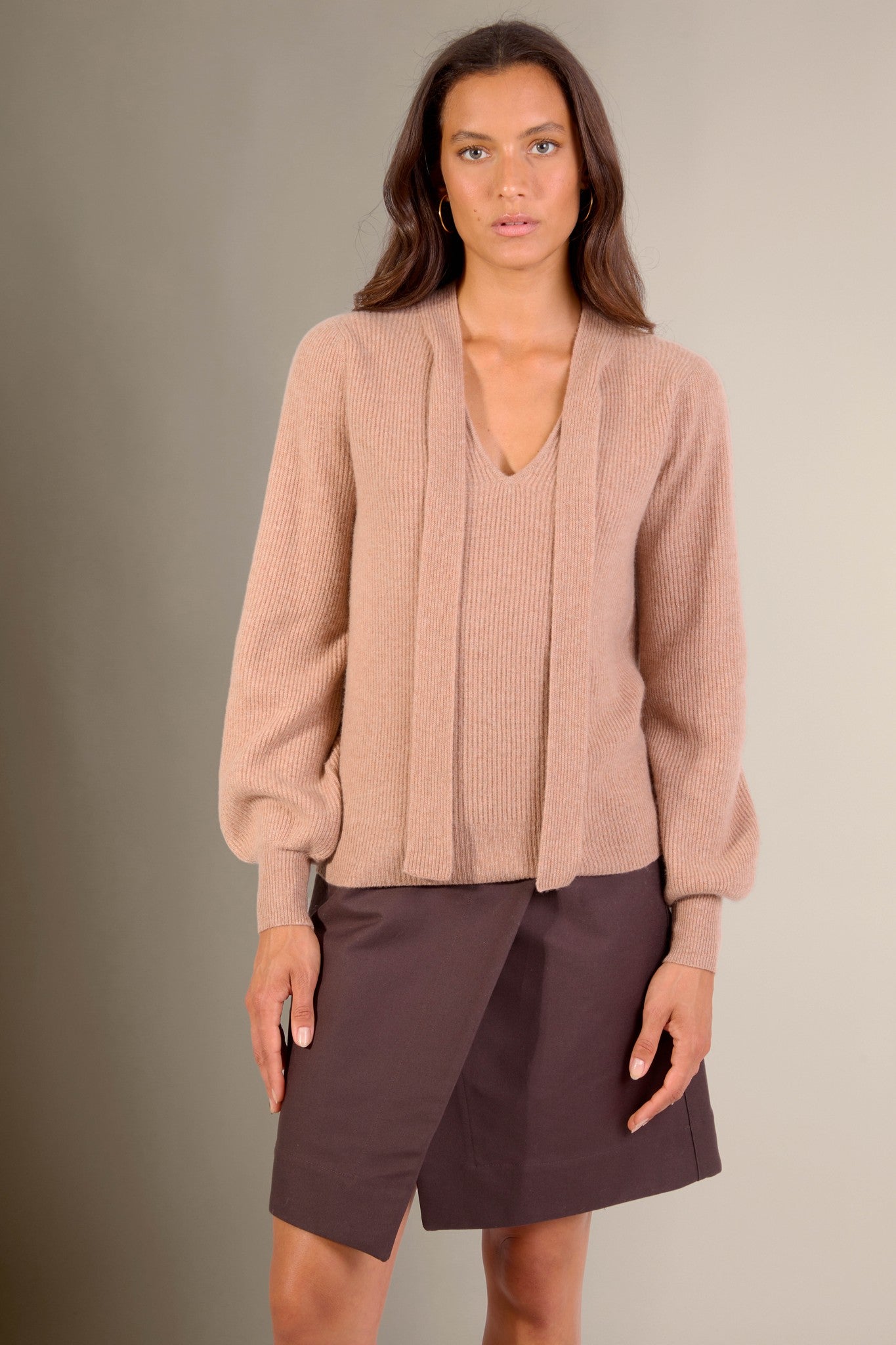 ruba pull col lavallière camel chiné 100% cachemire