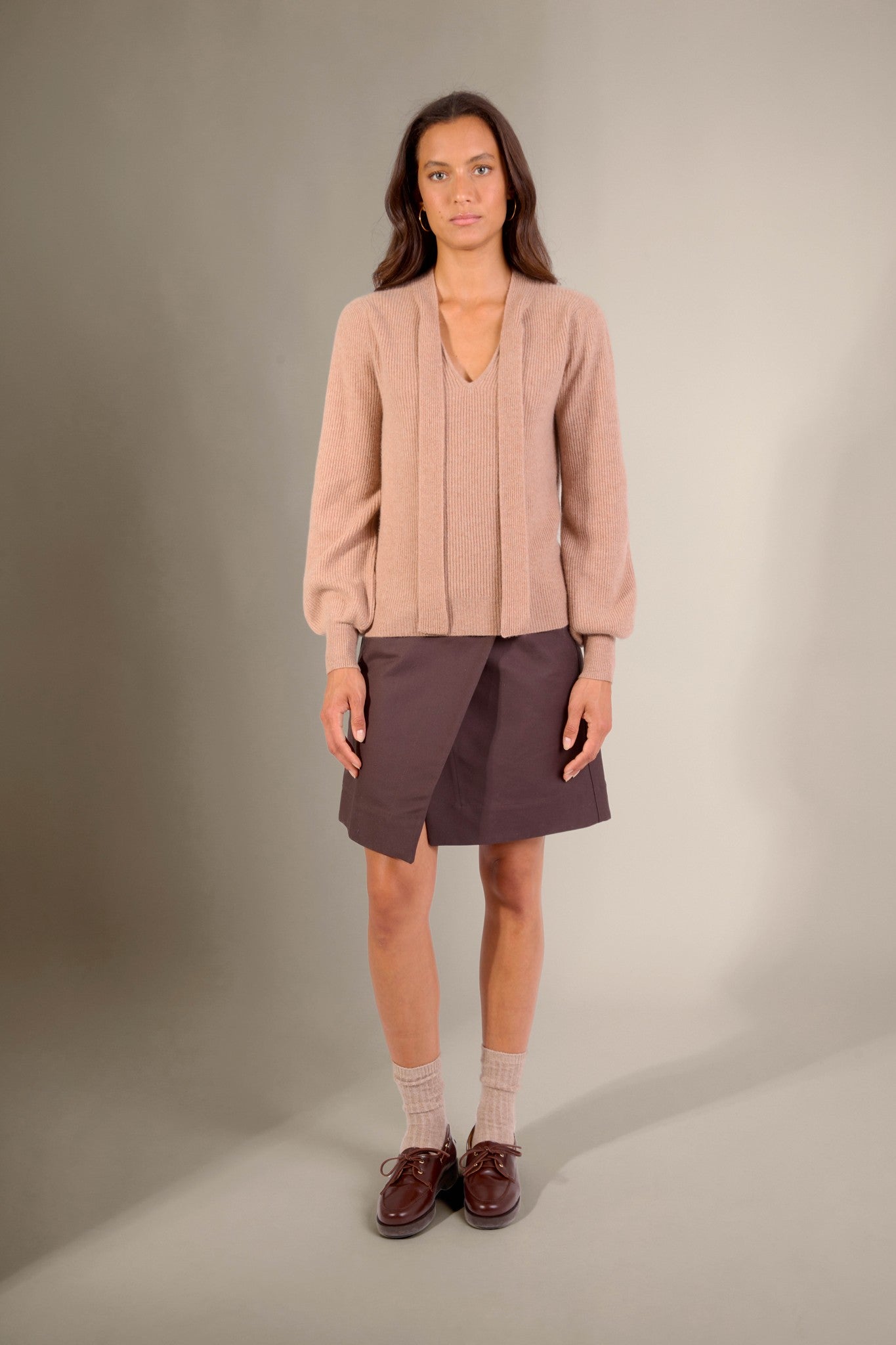 ruba pull col lavallière camel chiné 100% cachemire