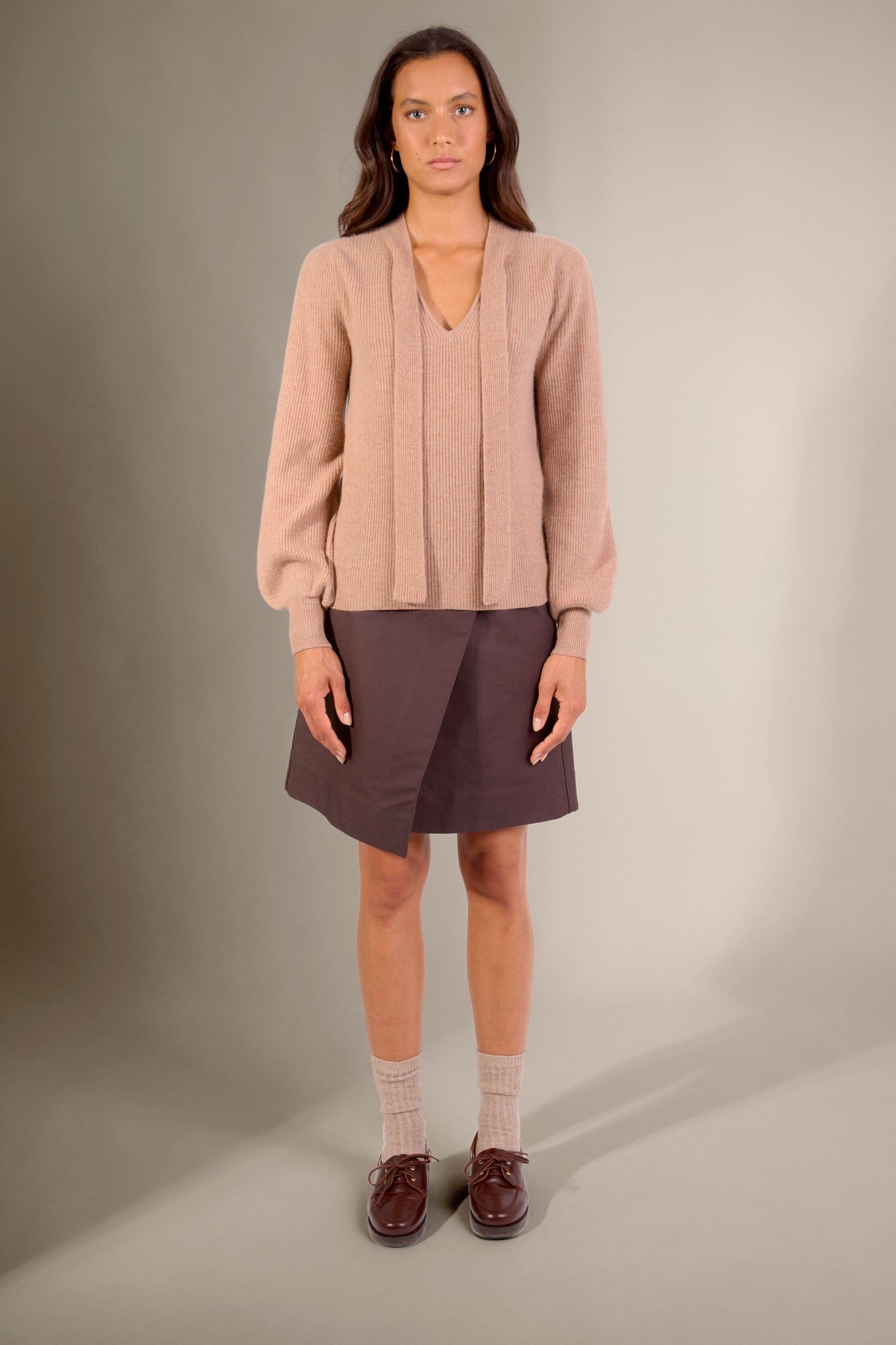 ruba pull col lavallière camel chiné 100% cachemire