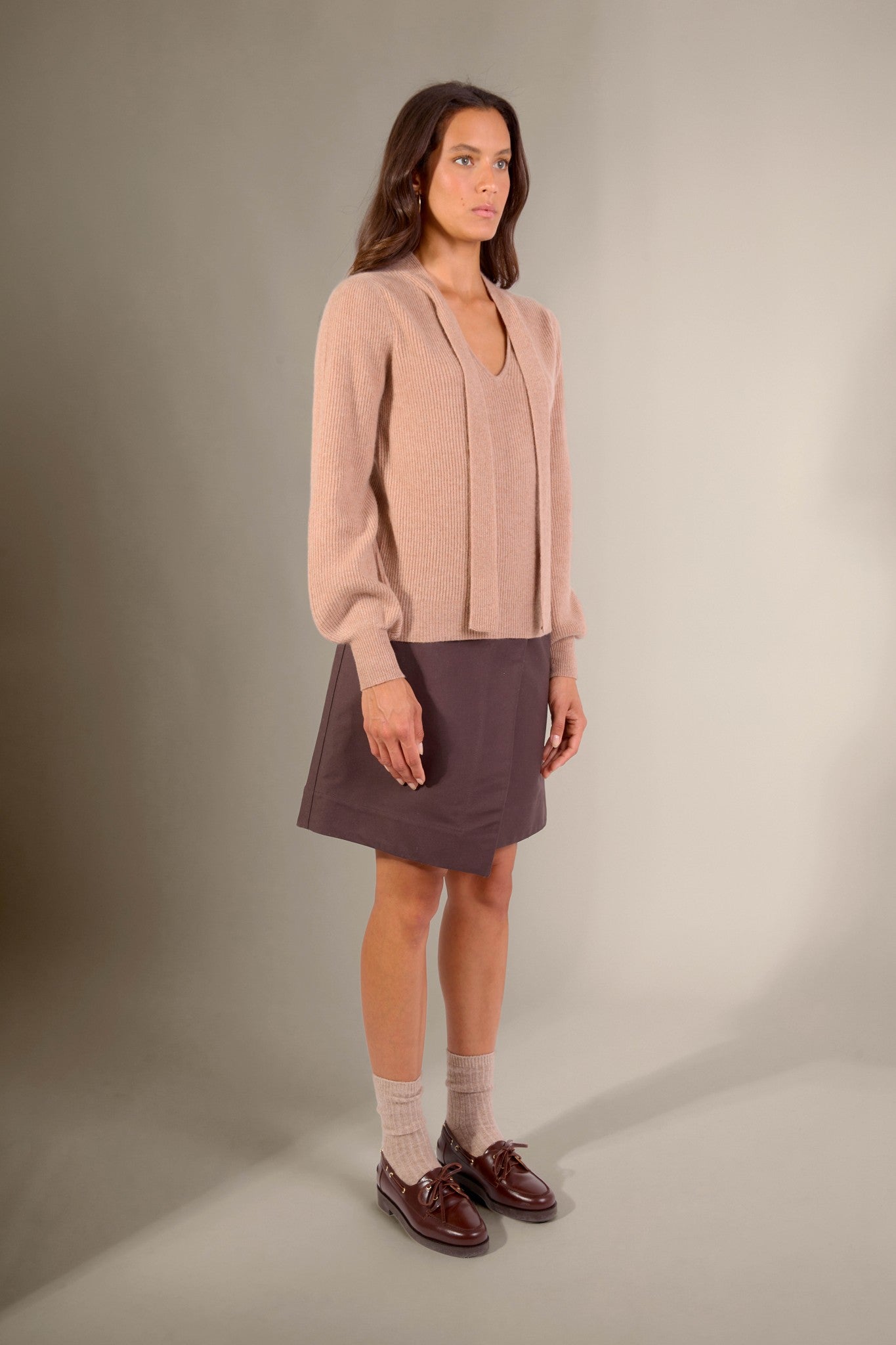 ruba pull col lavallière camel chiné 100% cachemire