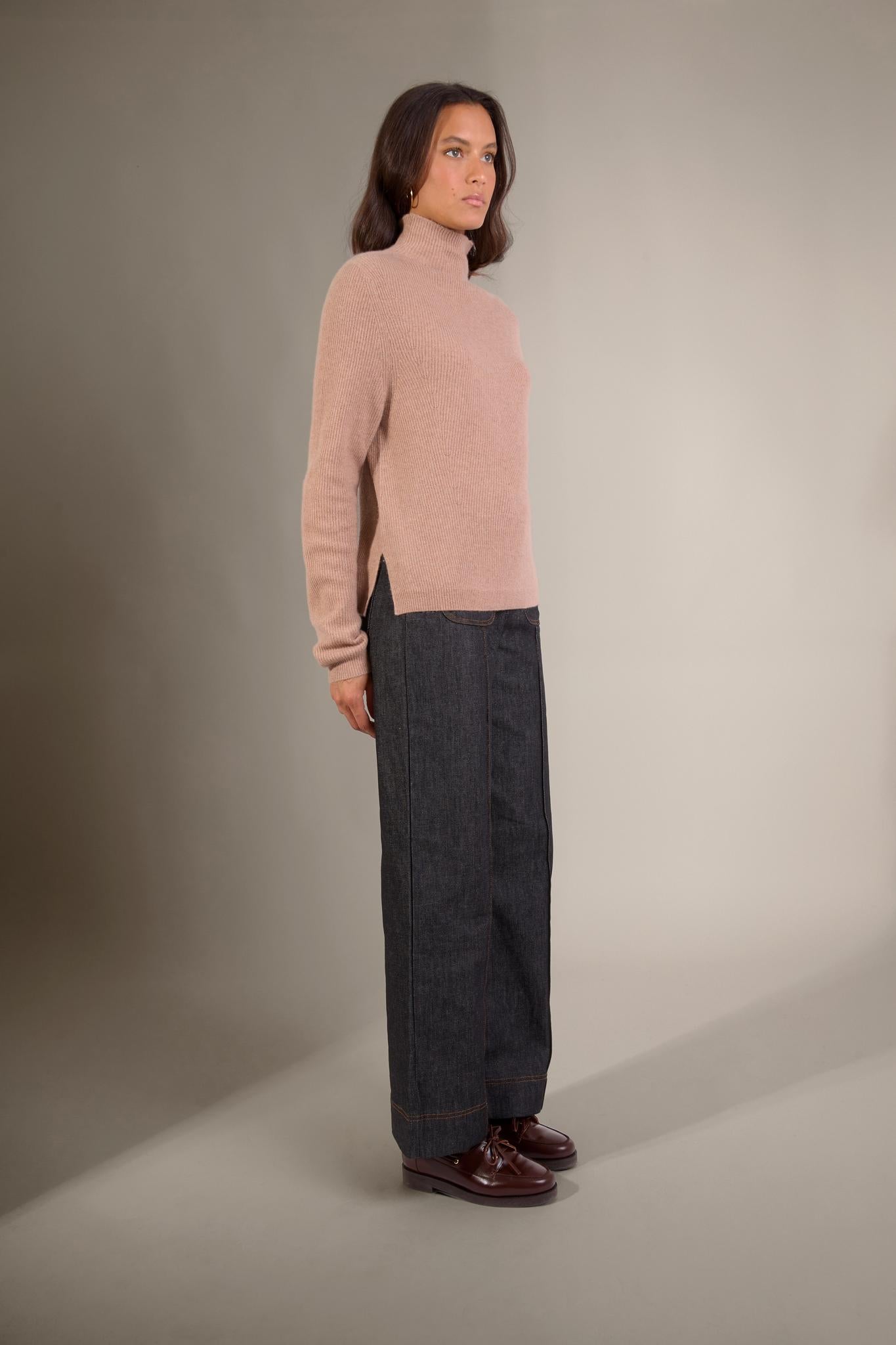 RUBY pull col montant camel chiné 100% cachemire