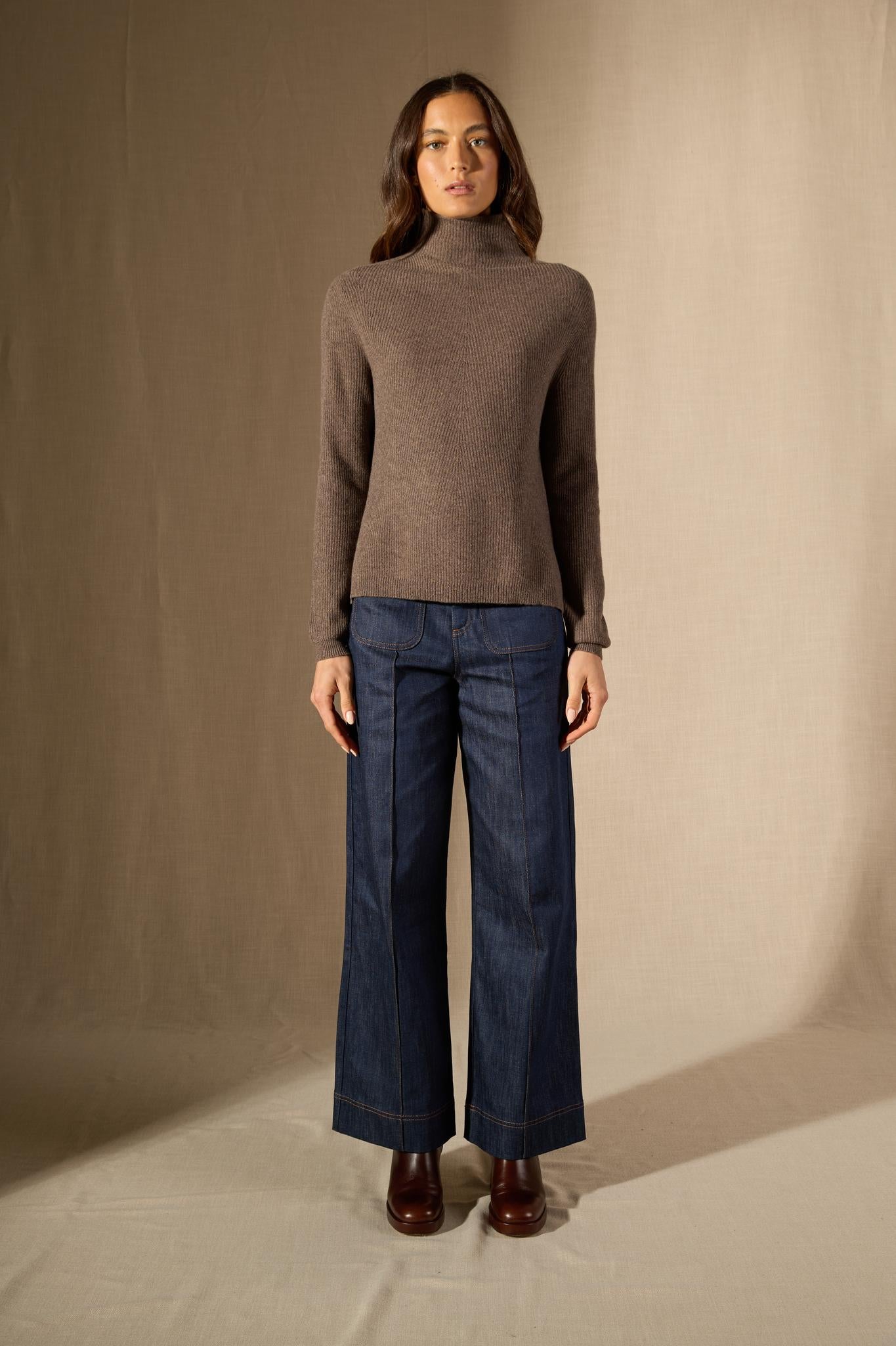 RUBY pull col montant taupe chiné 100% cachemire