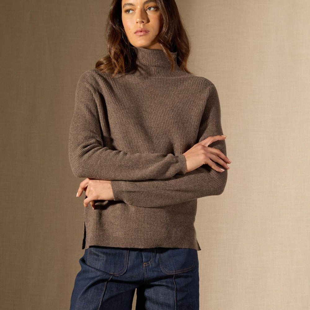 RUBY pull col montant taupe chiné 100% cachemire