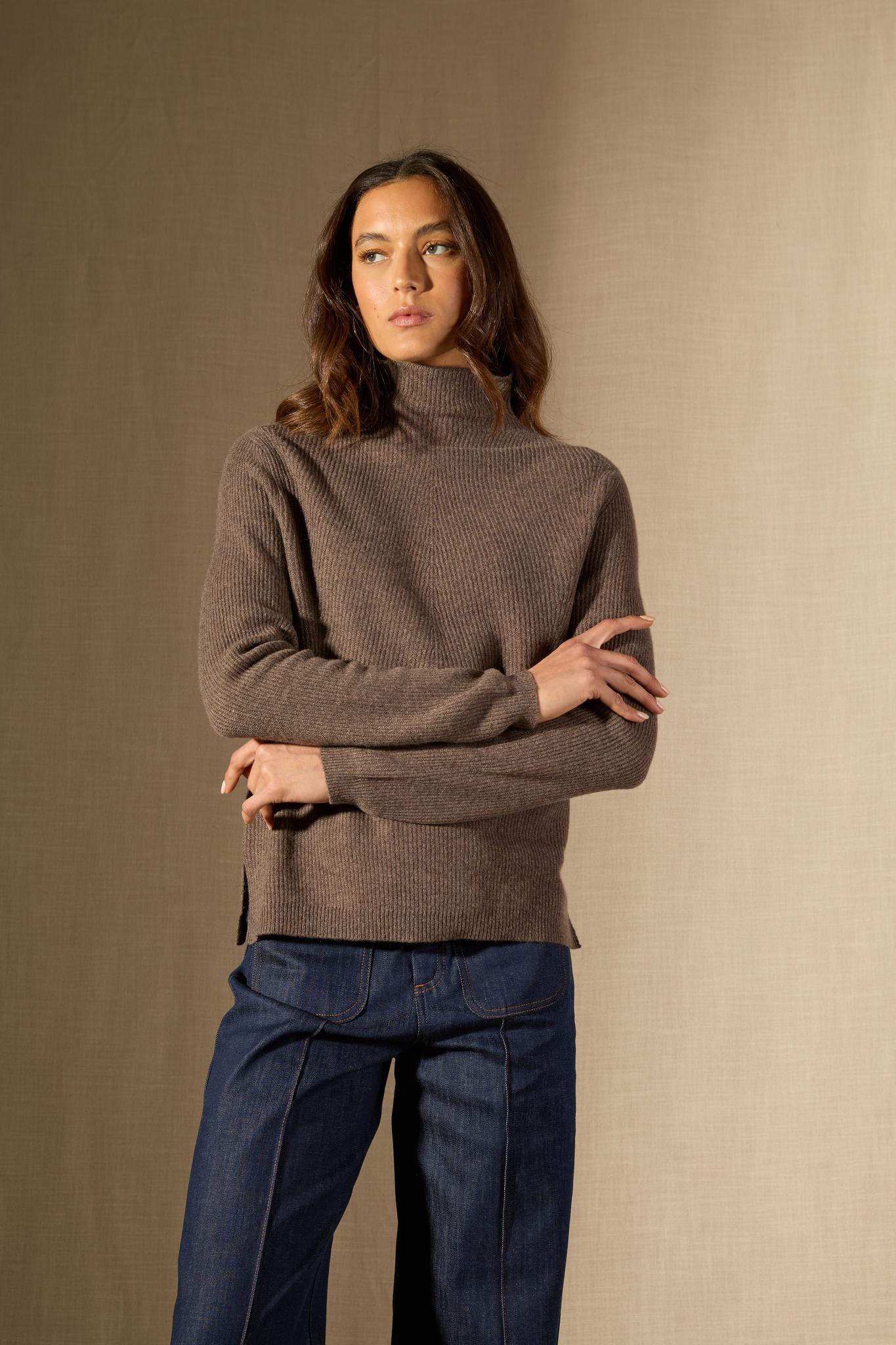 RUBY pull col montant taupe chiné 100% cachemire
