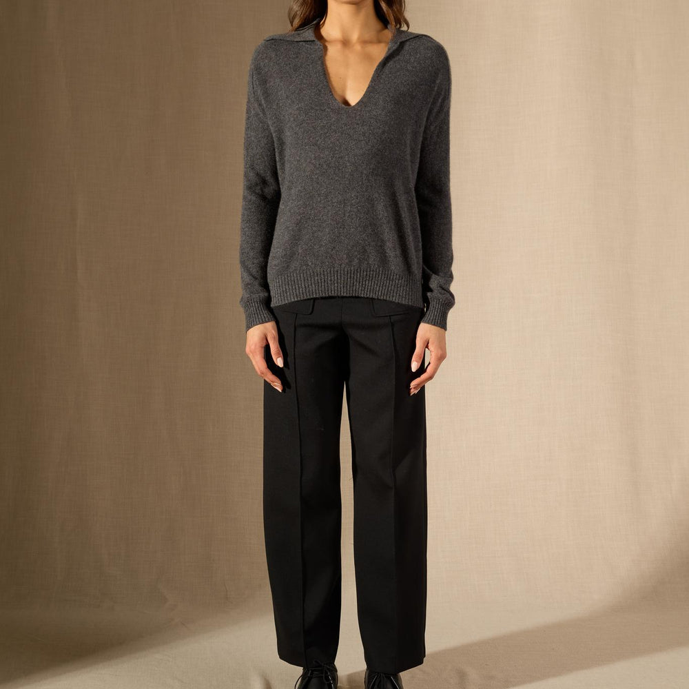 Rosalie polo col v croisé anthracite chiné 100% cachemire
