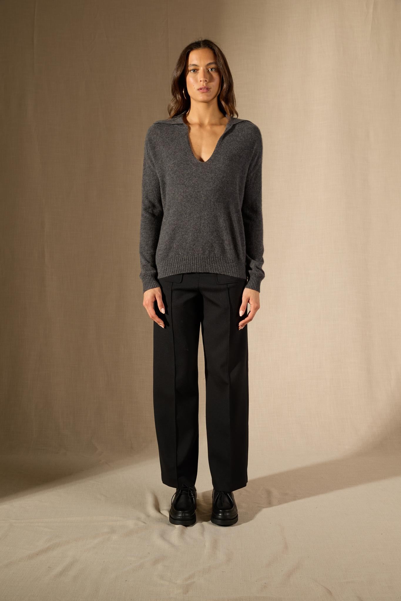 Rosalie polo col v croisé anthracite chiné 100% cachemire