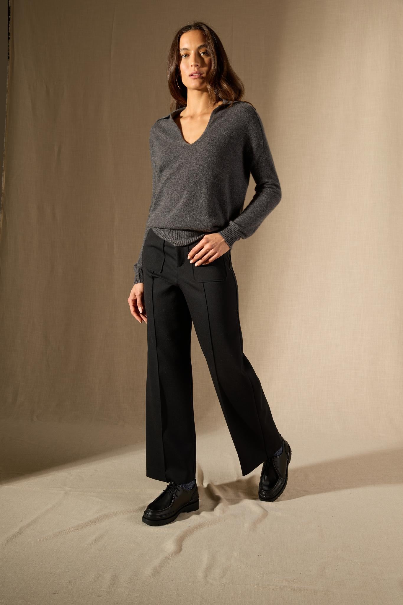 Rosalie polo col v croisé anthracite chiné 100% cachemire