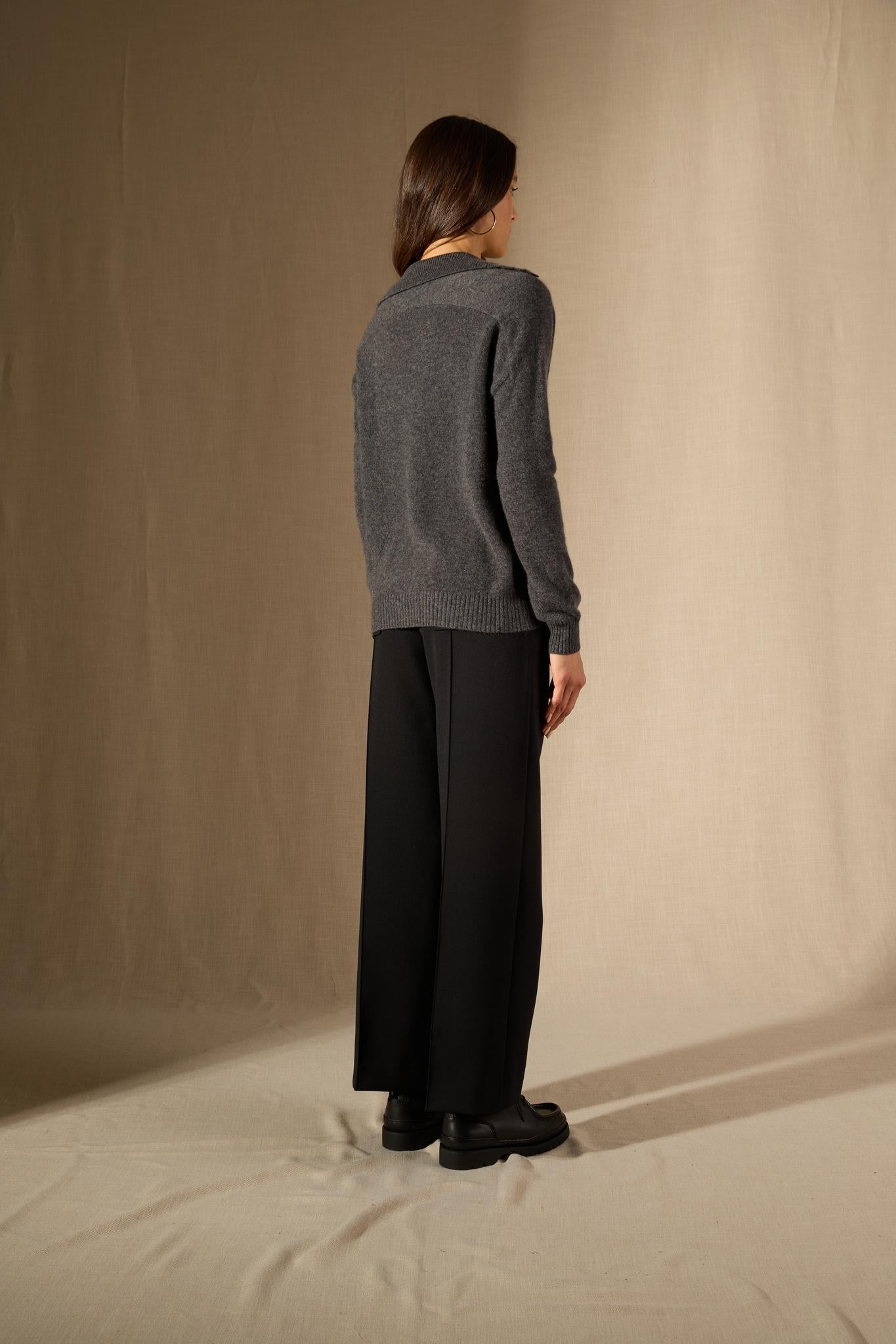 Rosalie polo col v croisé anthracite chiné 100% cachemire