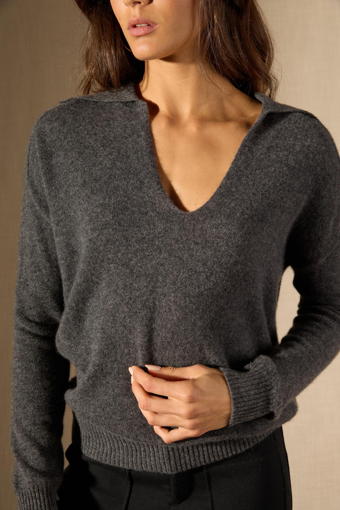Rosalie polo col v croisé anthracite chiné 100% cachemire