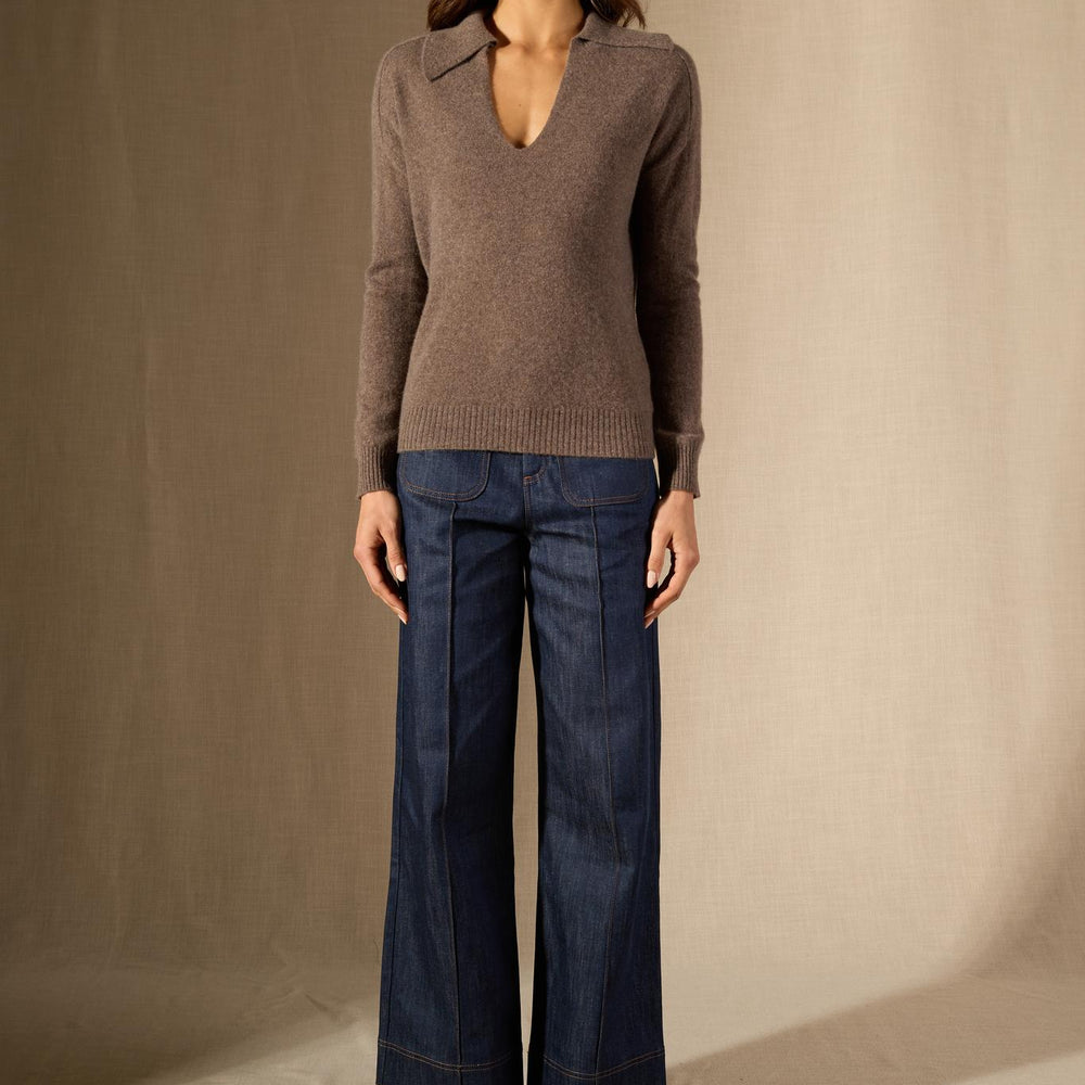Rosalie polo col v croisé taupe chiné 100% cachemire