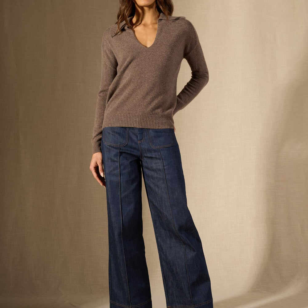 Rosalie polo col v croisé taupe chiné 100% cachemire