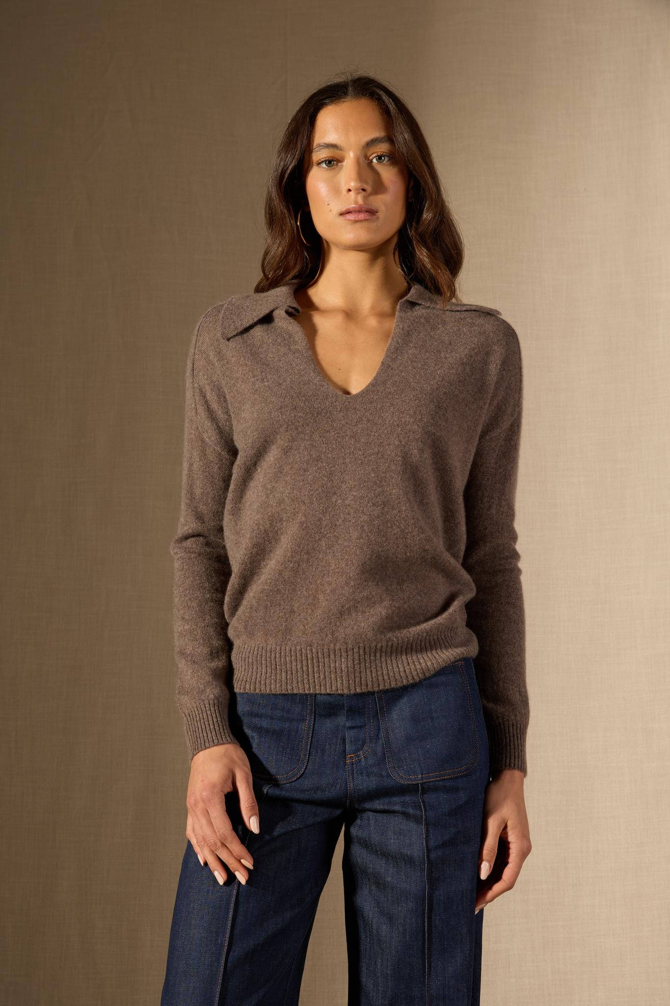 Rosalie polo col v croisé taupe chiné 100% cachemire