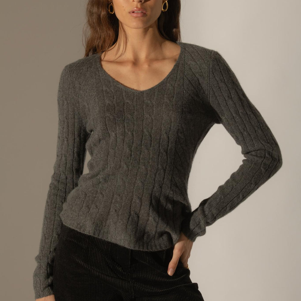 SALOME pull col v 4 fils anthracite chiné 100% cachemire