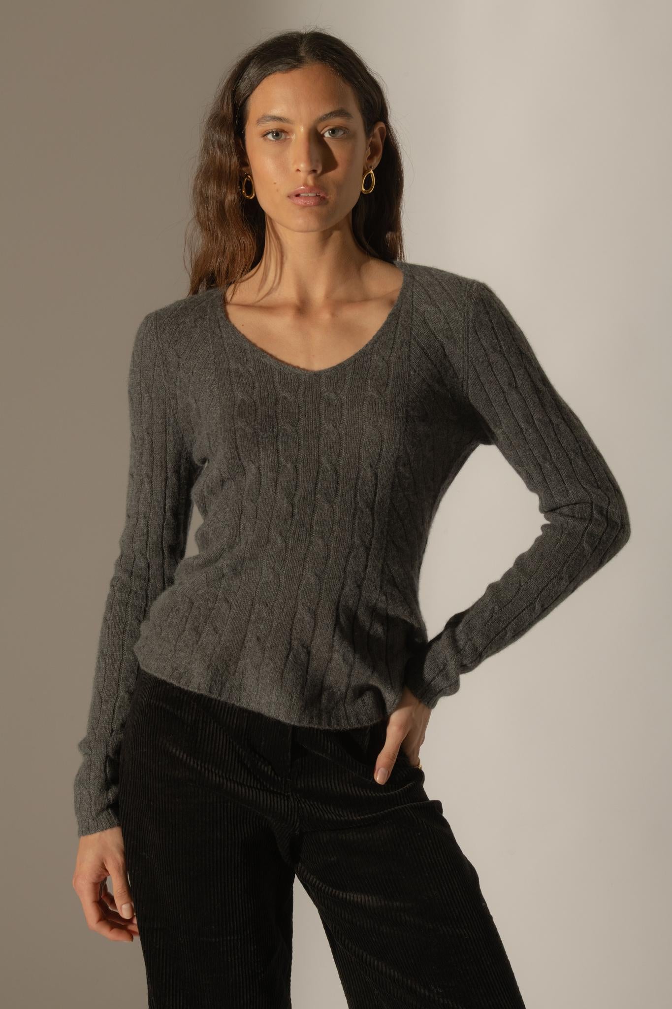 SALOME pull col v 4 fils anthracite chiné 100% cachemire