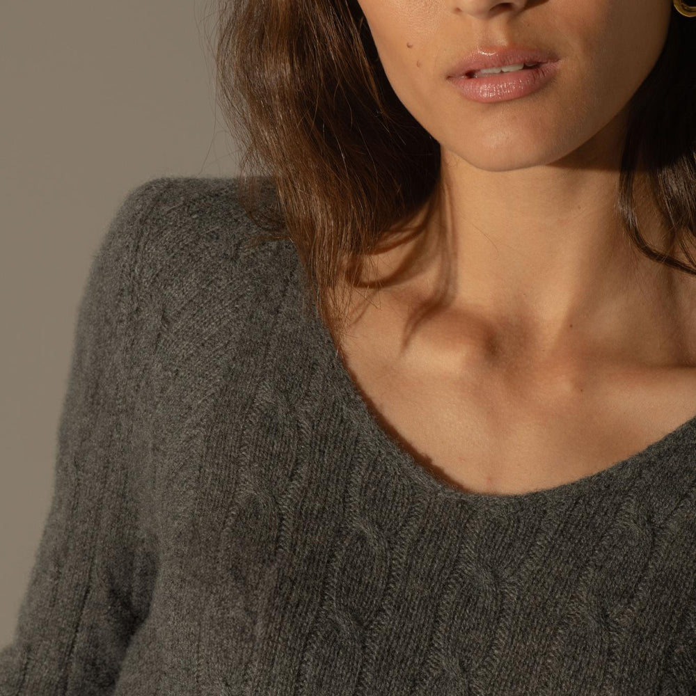 SALOME pull col v 4 fils anthracite chiné 100% cachemire