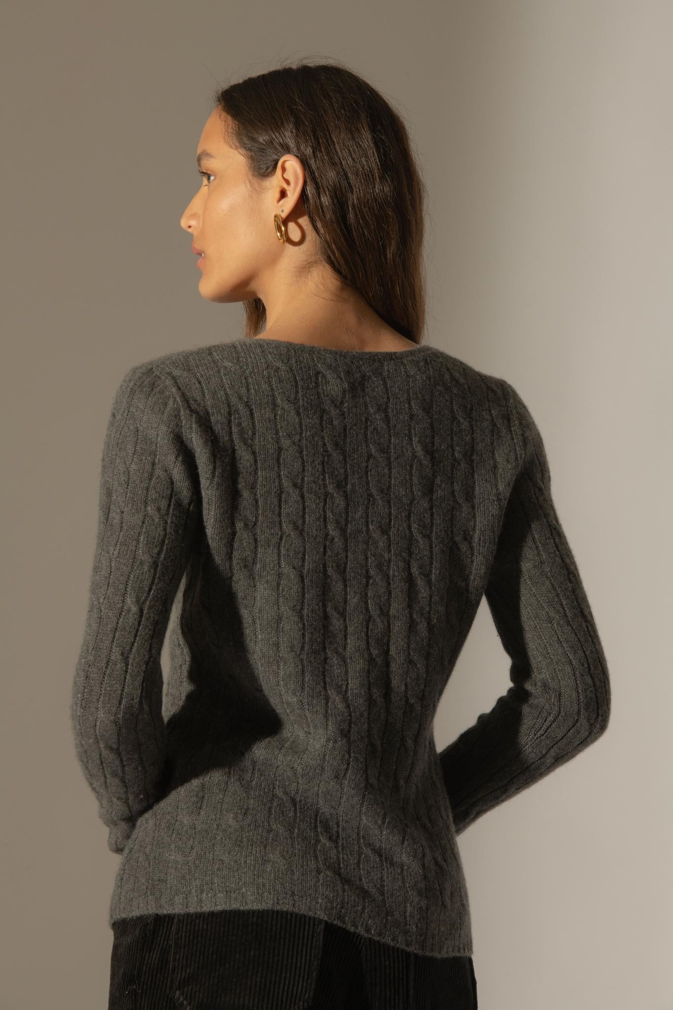 SALOME pull col v 4 fils anthracite chiné 100% cachemire