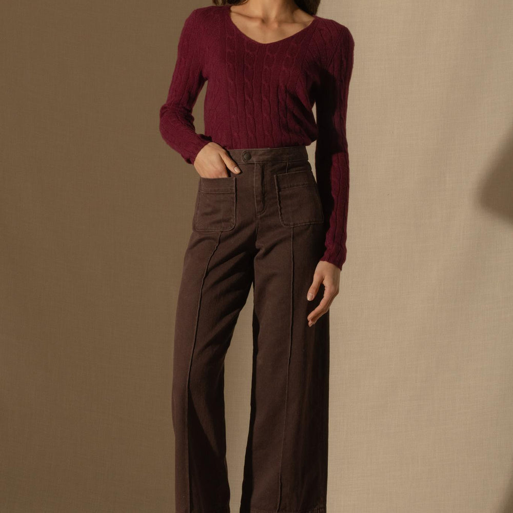 SALOME pull col v 4 fils bordeaux 100% cachemire