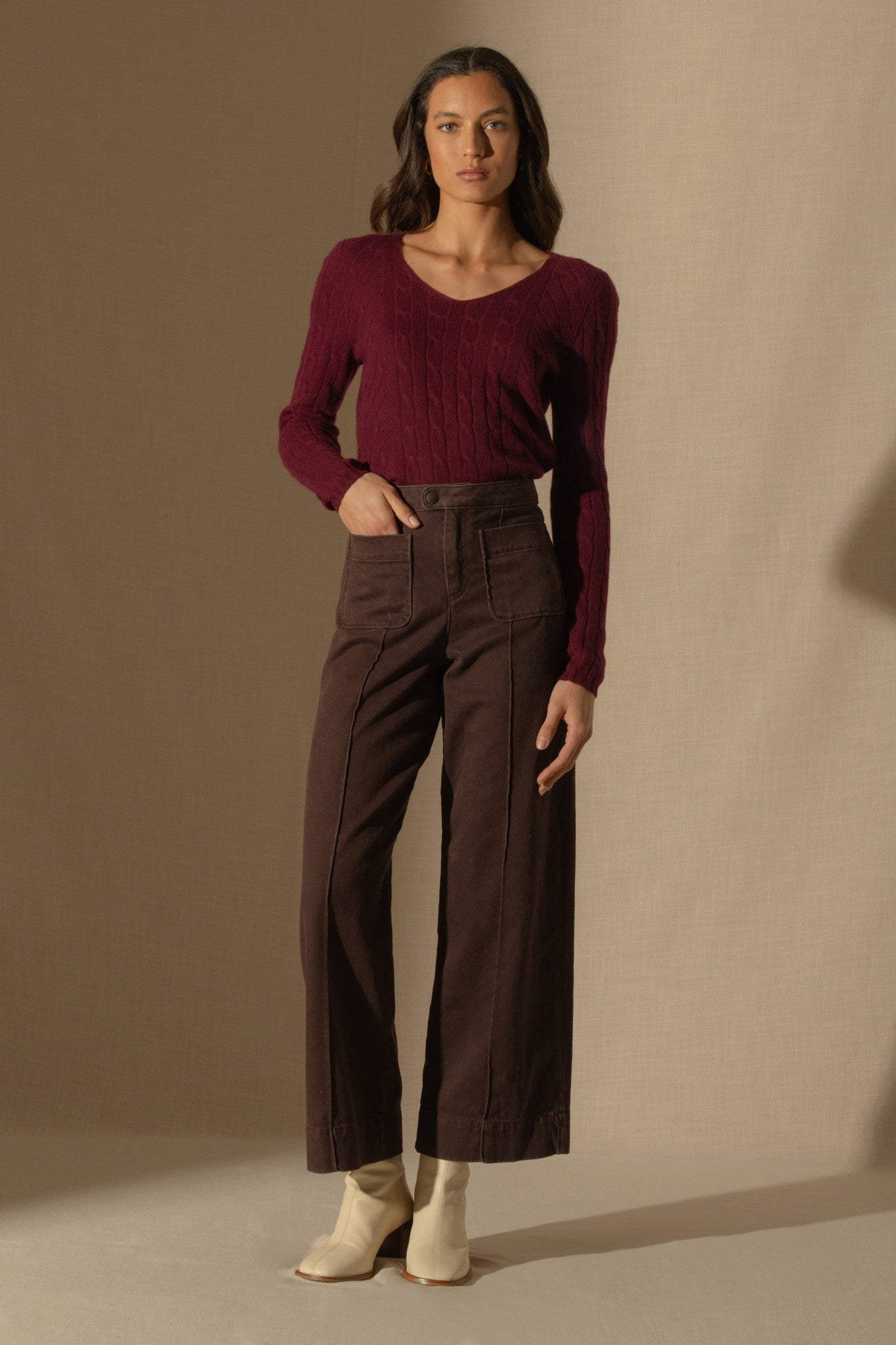 salome pull col v 4 fils bordeaux 100% cachemire