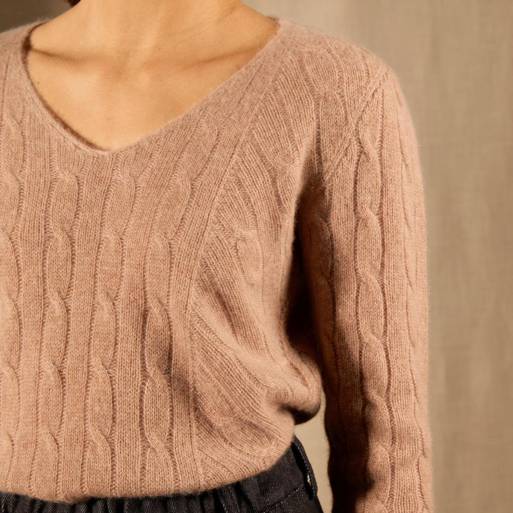 SALOME pull col v 4 fils camel chiné 100% cachemire