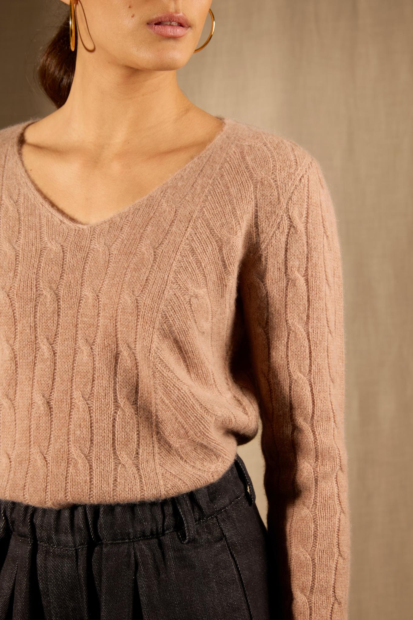 SALOME pull col v 4 fils camel chiné 100% cachemire