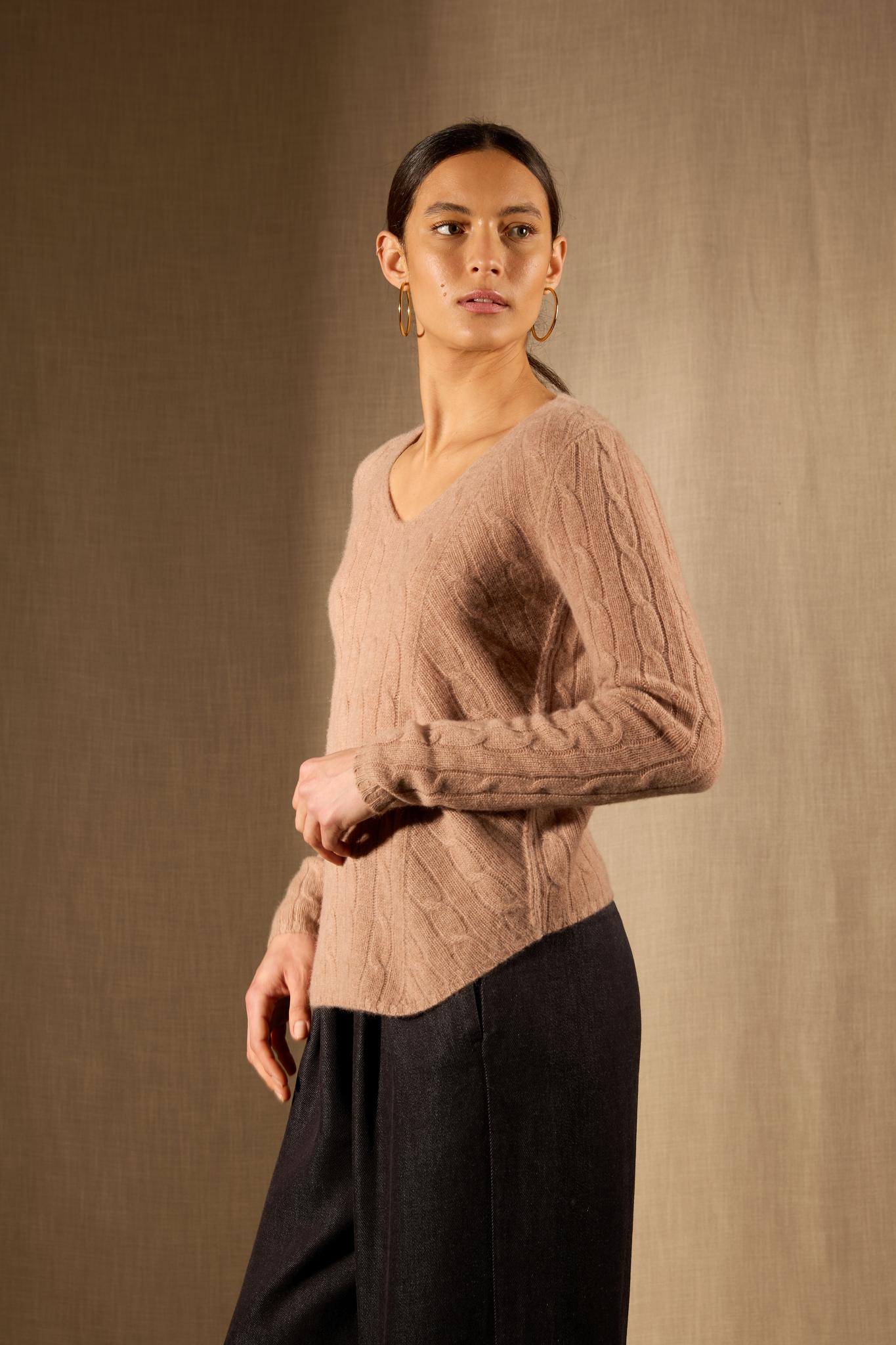 SALOME pull col v 4 fils camel chiné 100% cachemire