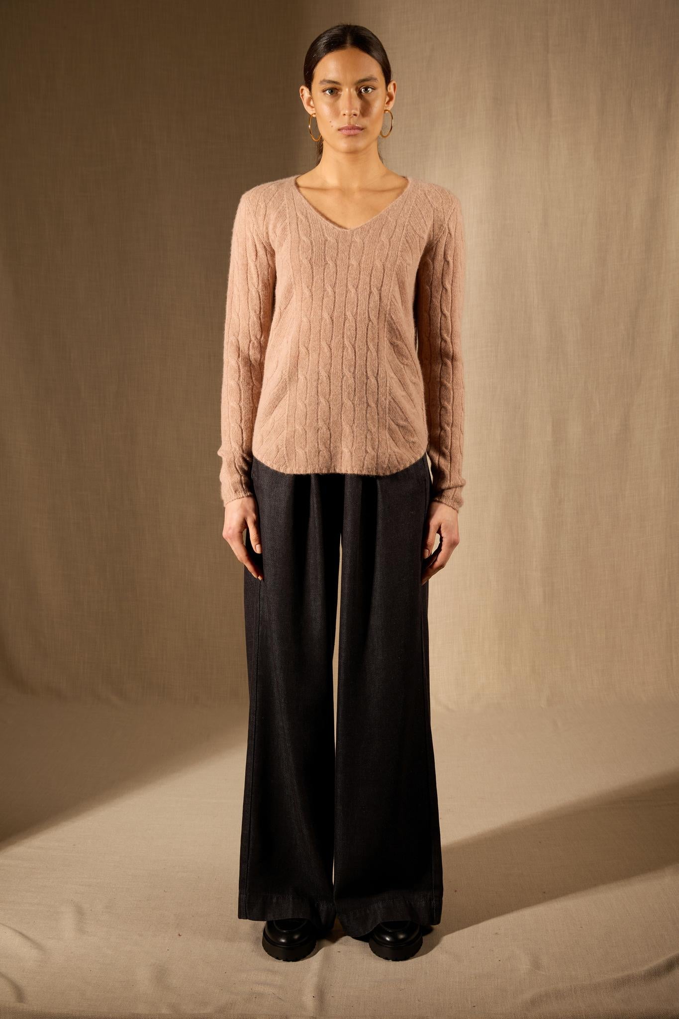 SALOME pull col v 4 fils camel chiné 100% cachemire