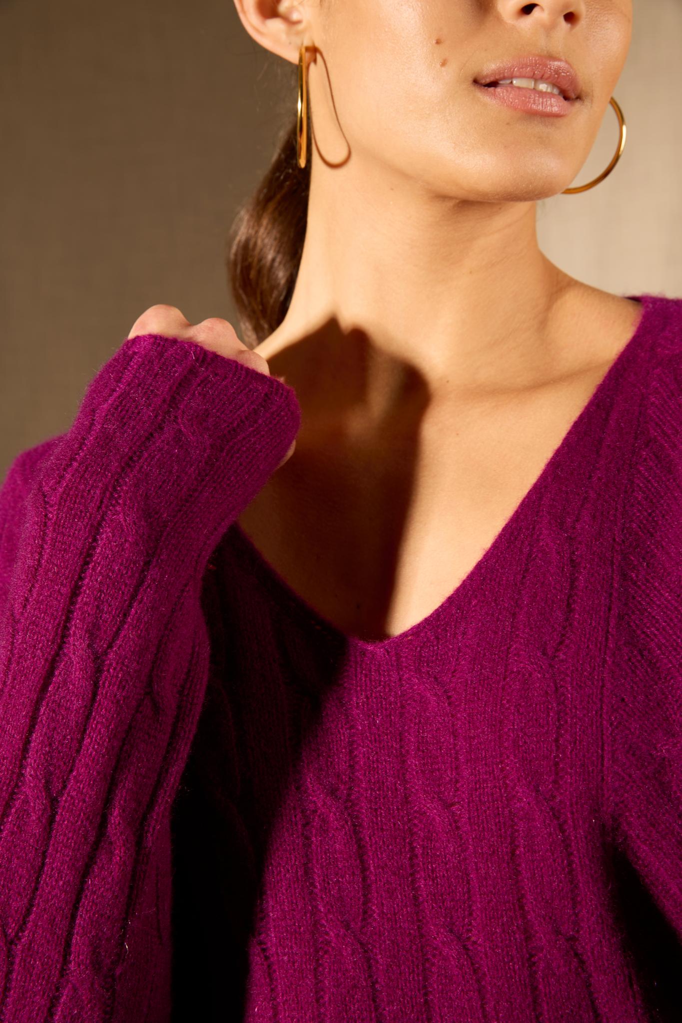 SALOME pull col v 4 fils prune 100% cachemire