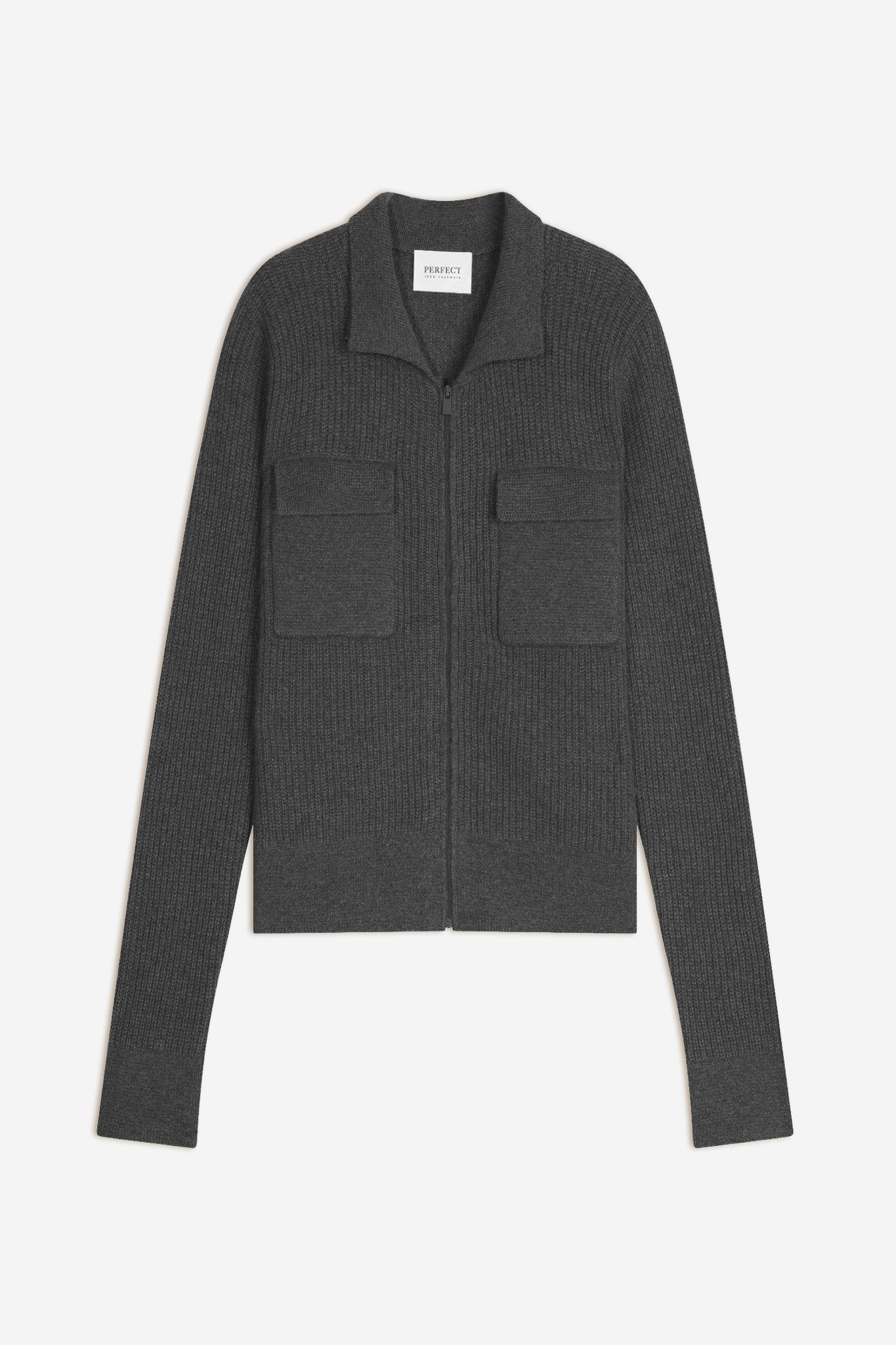 sara veste courte zippée col chemise 4 fils anthracite chiné 100% cachemire