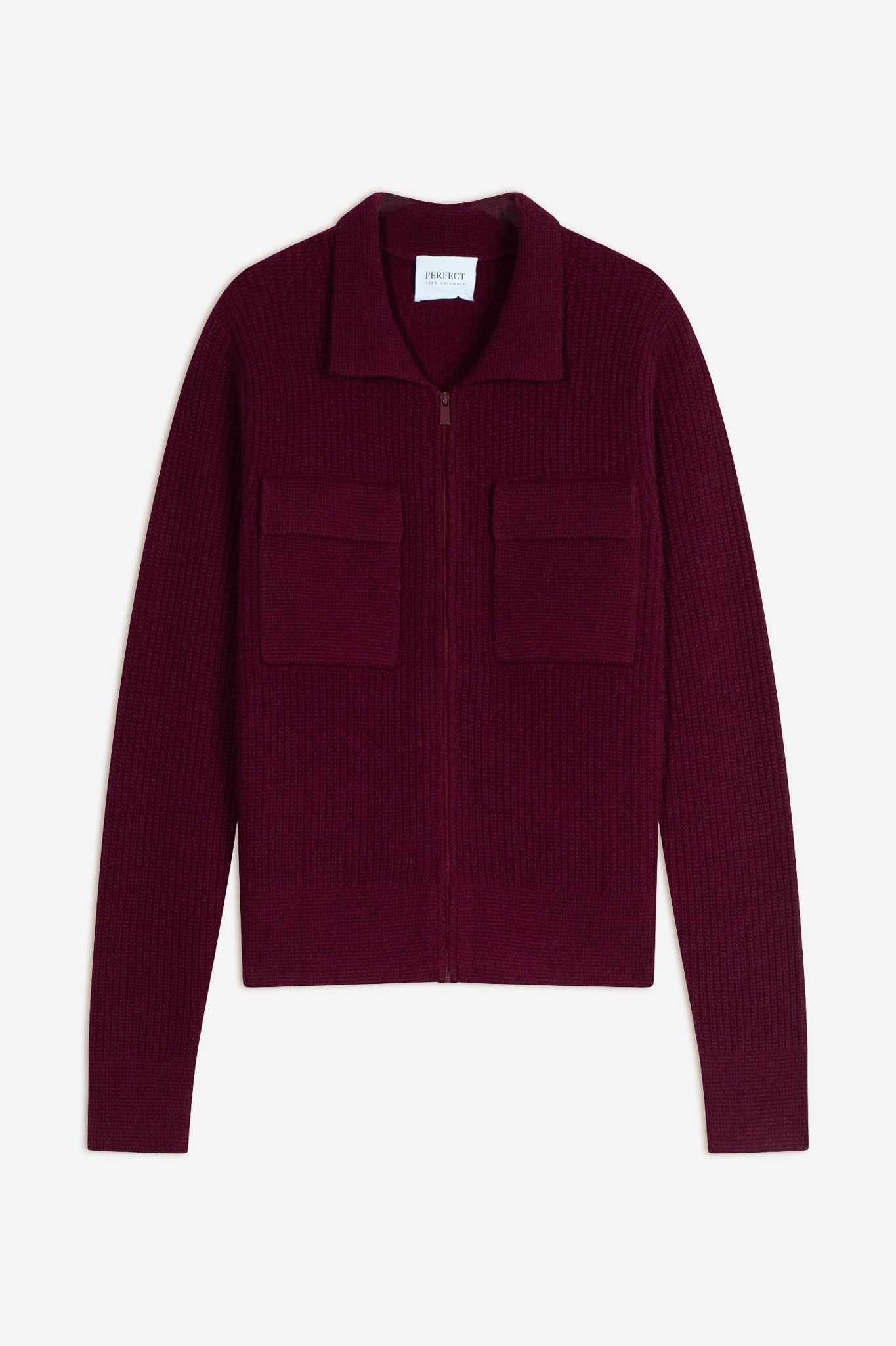 sara veste courte zippée col chemise 4 fils bordeaux 100% cachemire