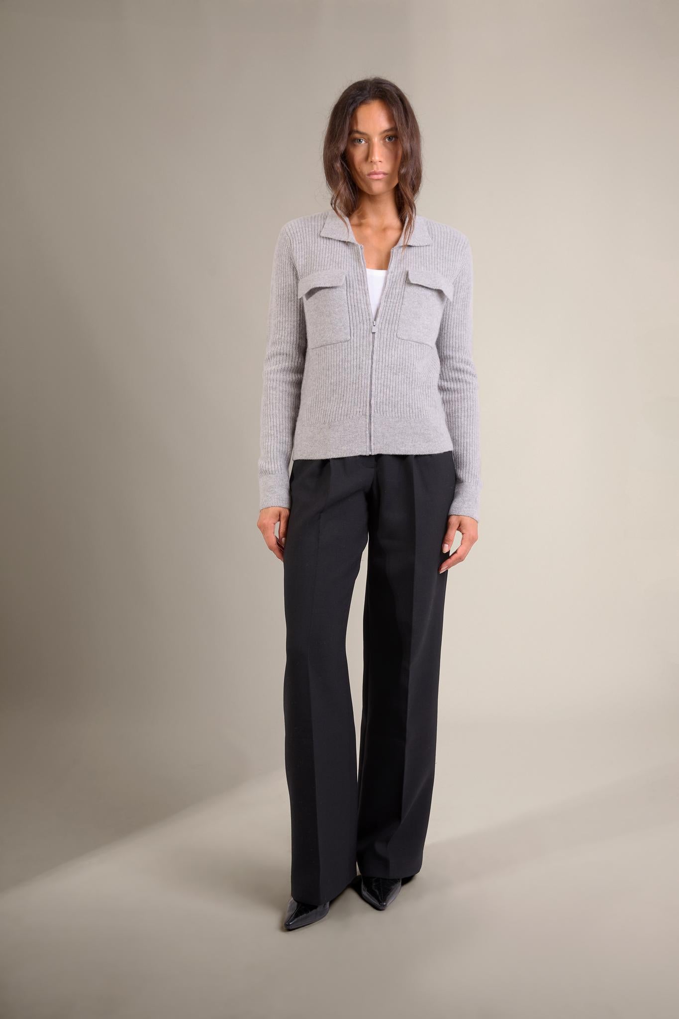 SARA veste courte zippée col chemise 4 fils nuage chiné 100% cachemire