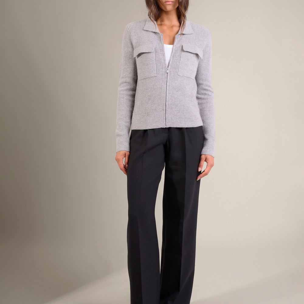 sara veste courte zippée col chemise 4 fils nuage chiné 100% cachemire