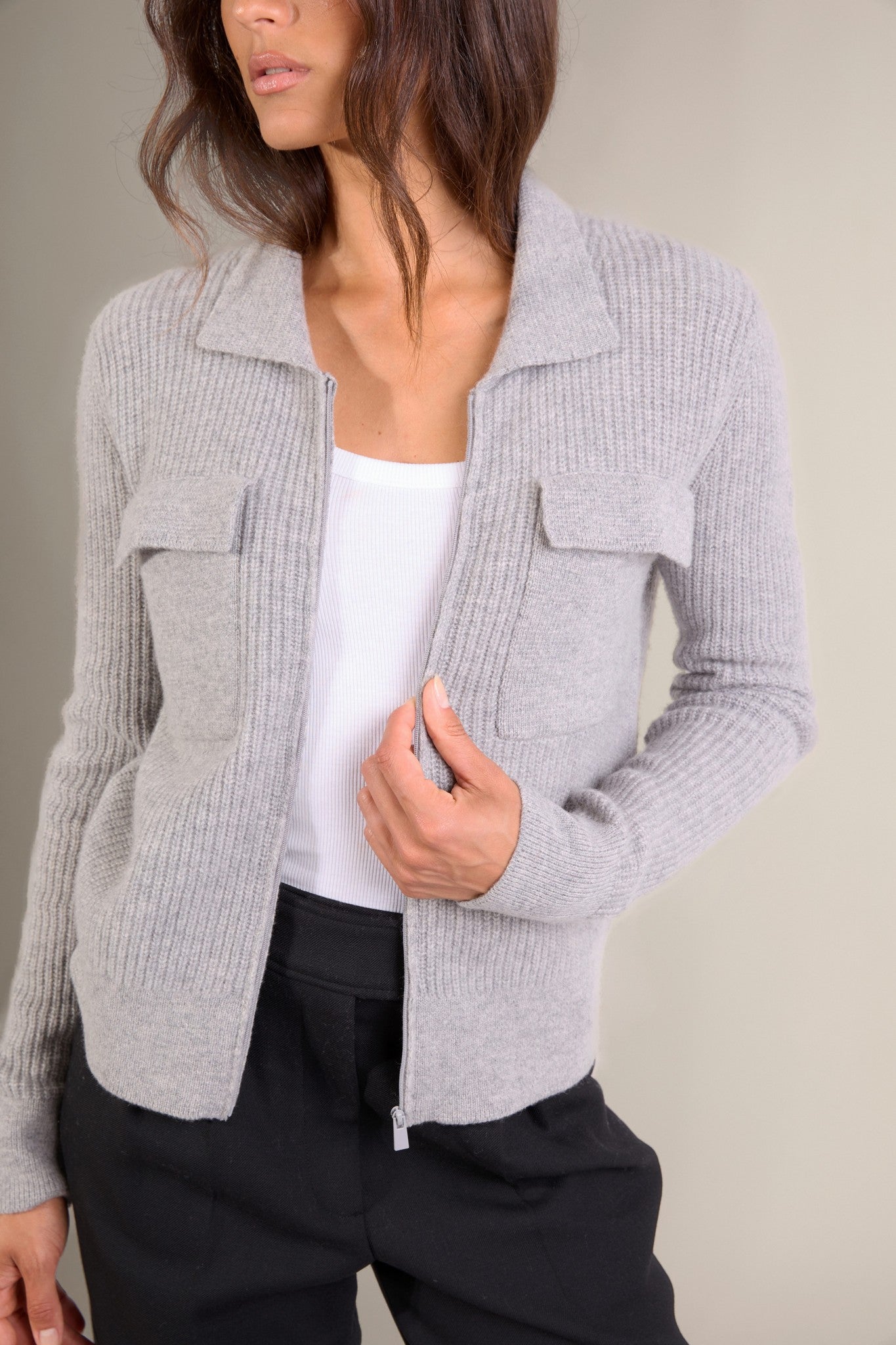 sara veste courte zippée col chemise 4 fils nuage chiné 100% cachemire