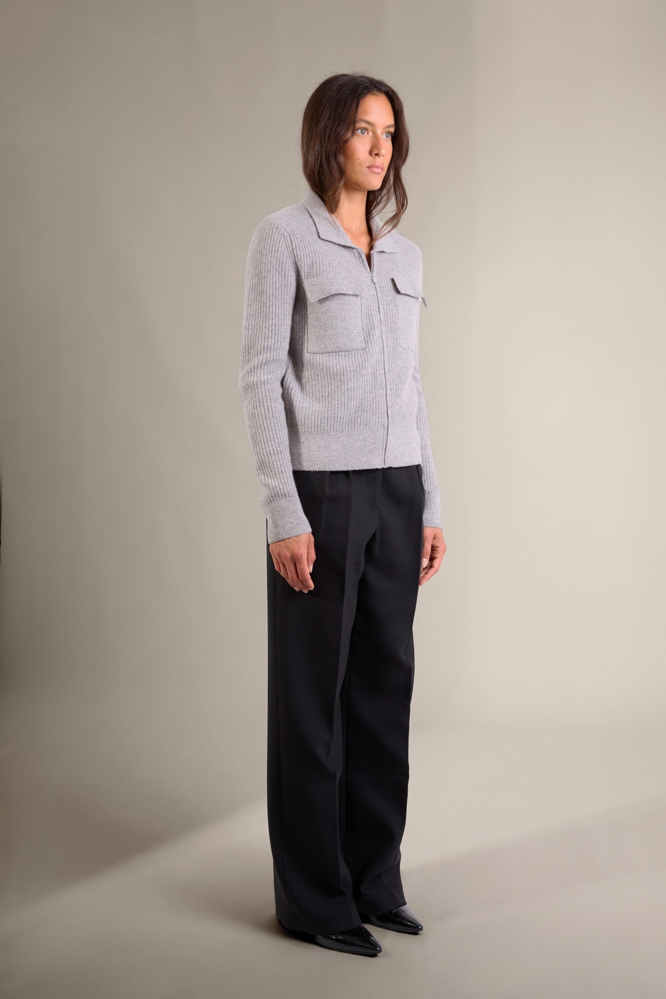 sara veste courte zippée col chemise 4 fils nuage chiné 100% cachemire