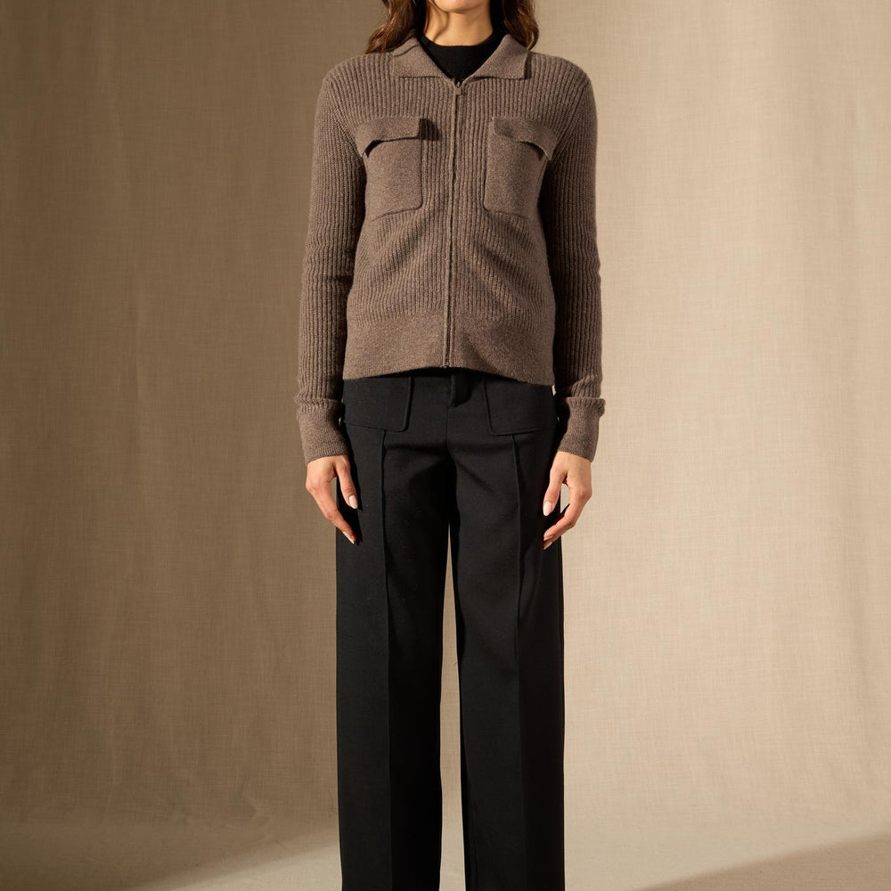 SARA veste courte zippée col chemise 4 fils taupe chiné 100% cachemire