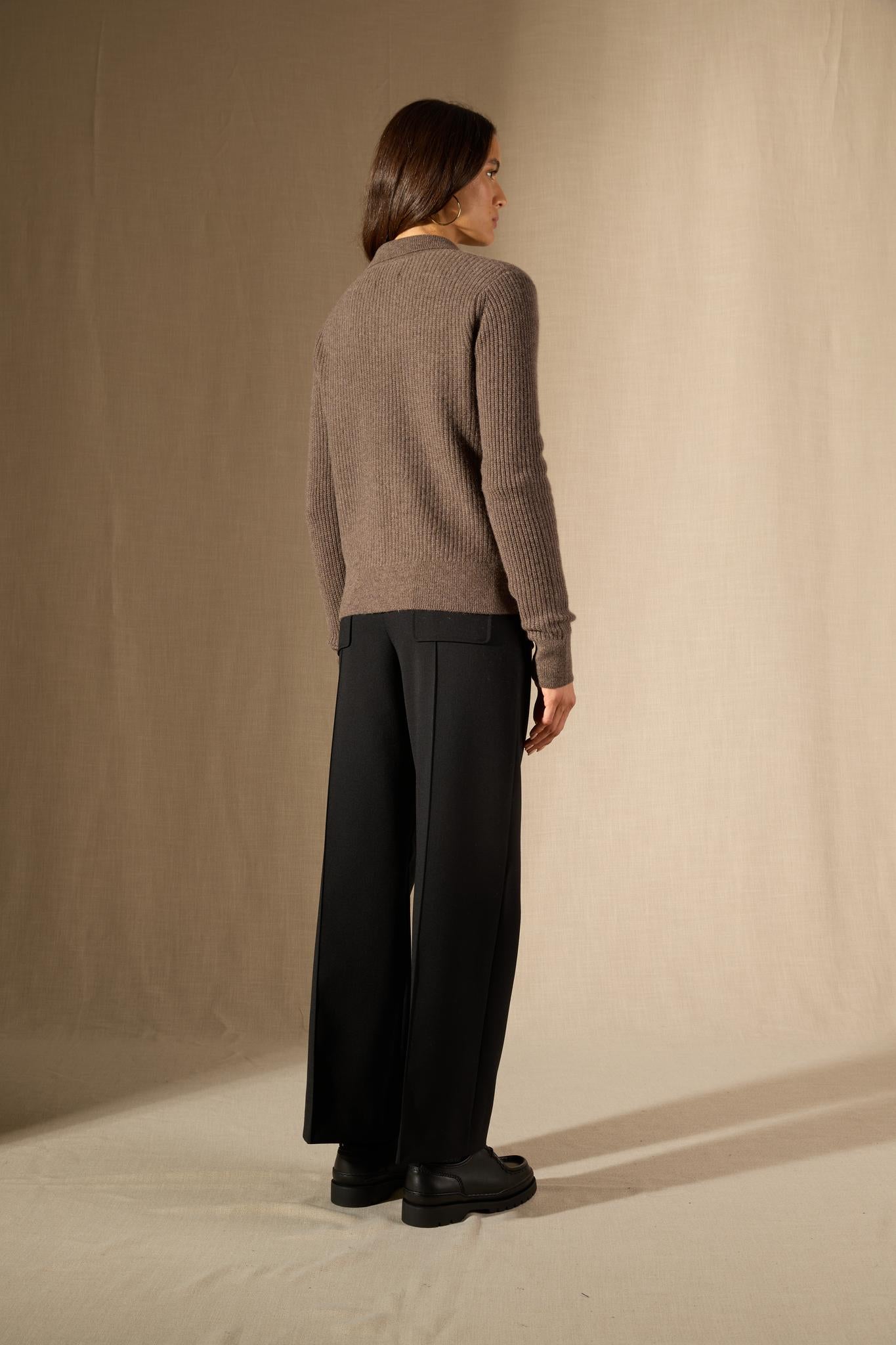 SARA veste courte zippée col chemise 4 fils taupe chiné 100% cachemire