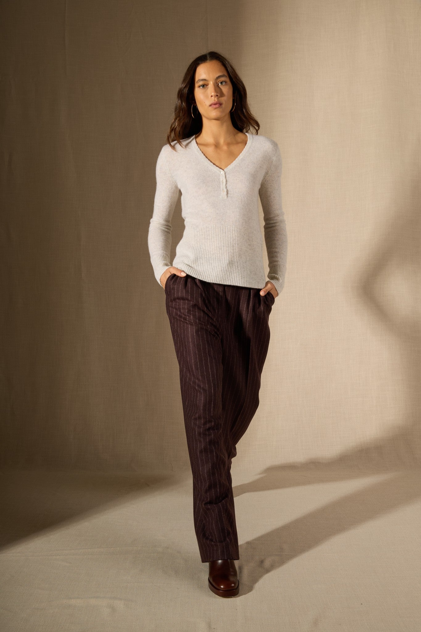 selene pull col v boutonné gris perle chiné 100% cachemire