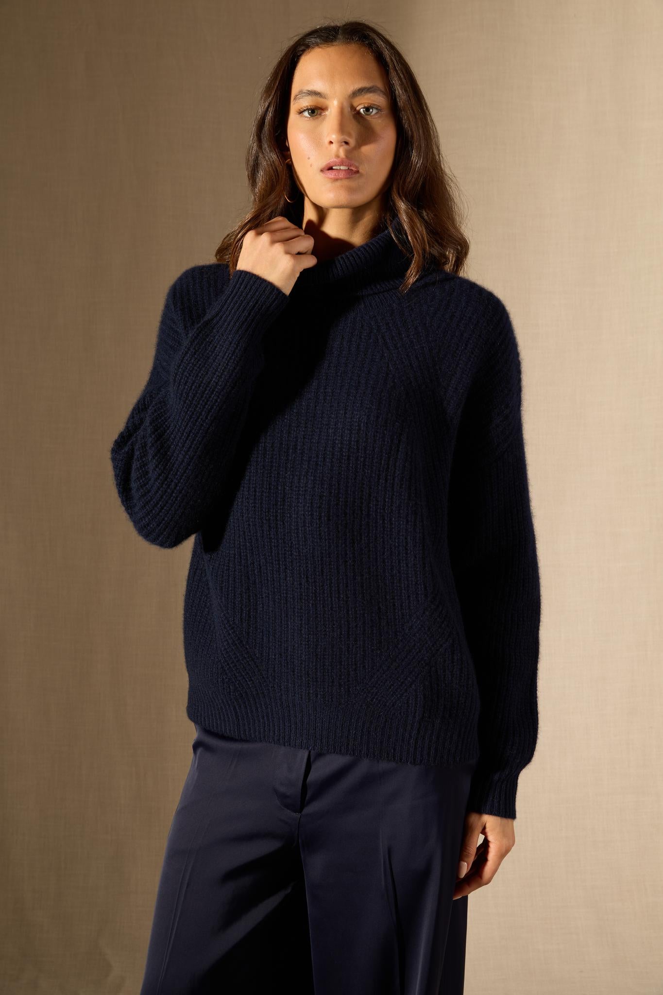 SENGE pull col roulé 6 fils navy 100% cachemire