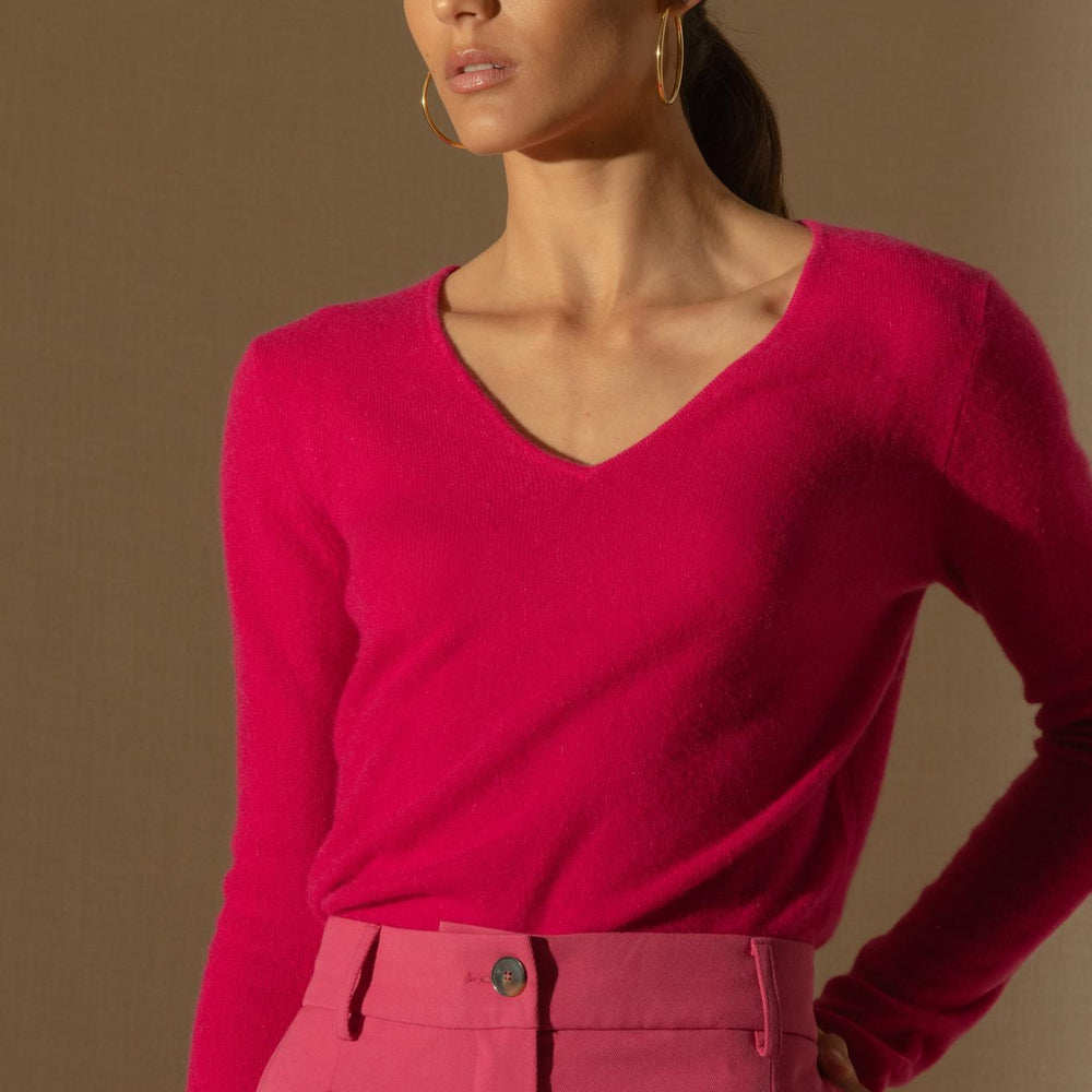 SHANNON pull col v  fuchsia 100% cachemire