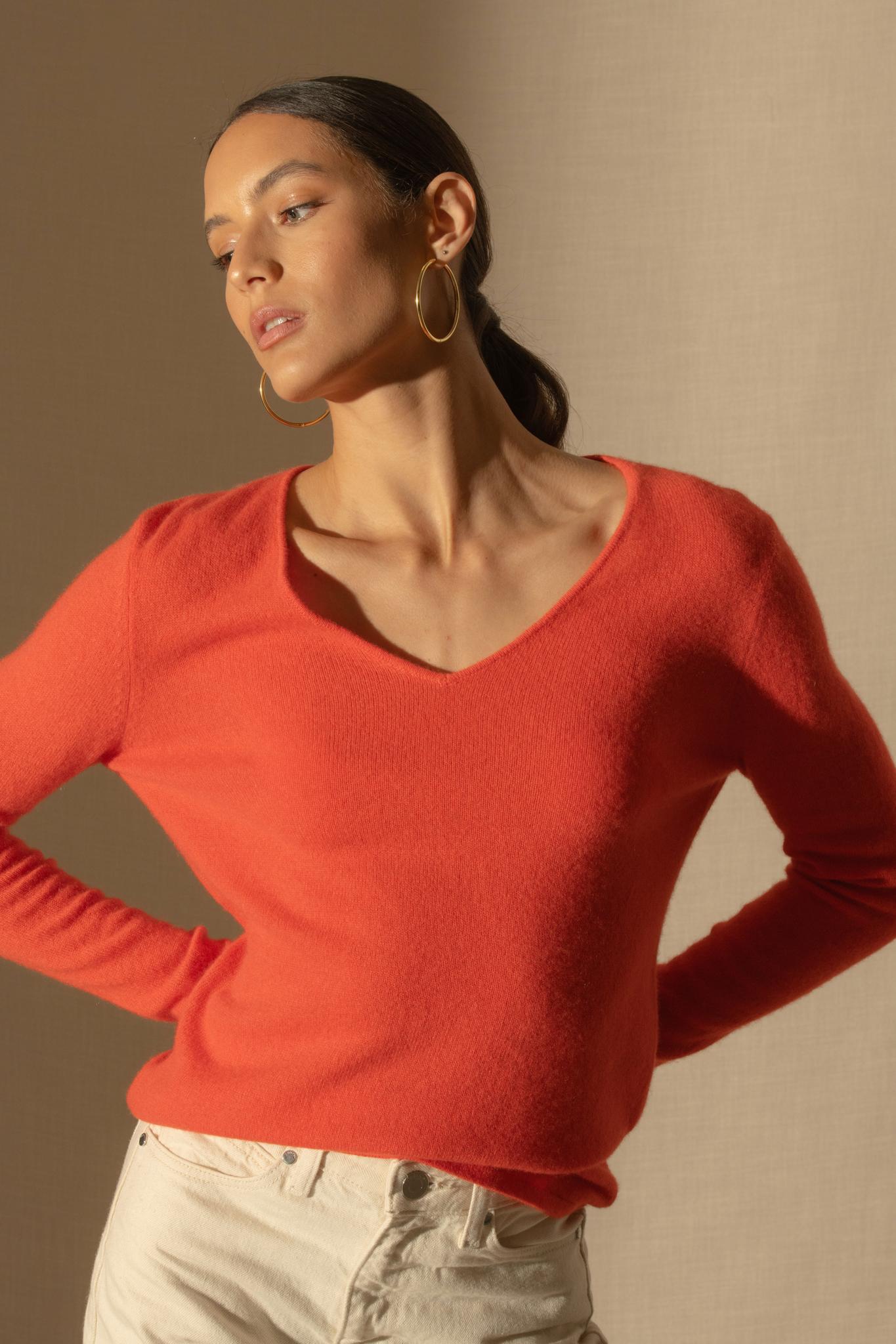 SHANNON pull col v orange 100% cachemire