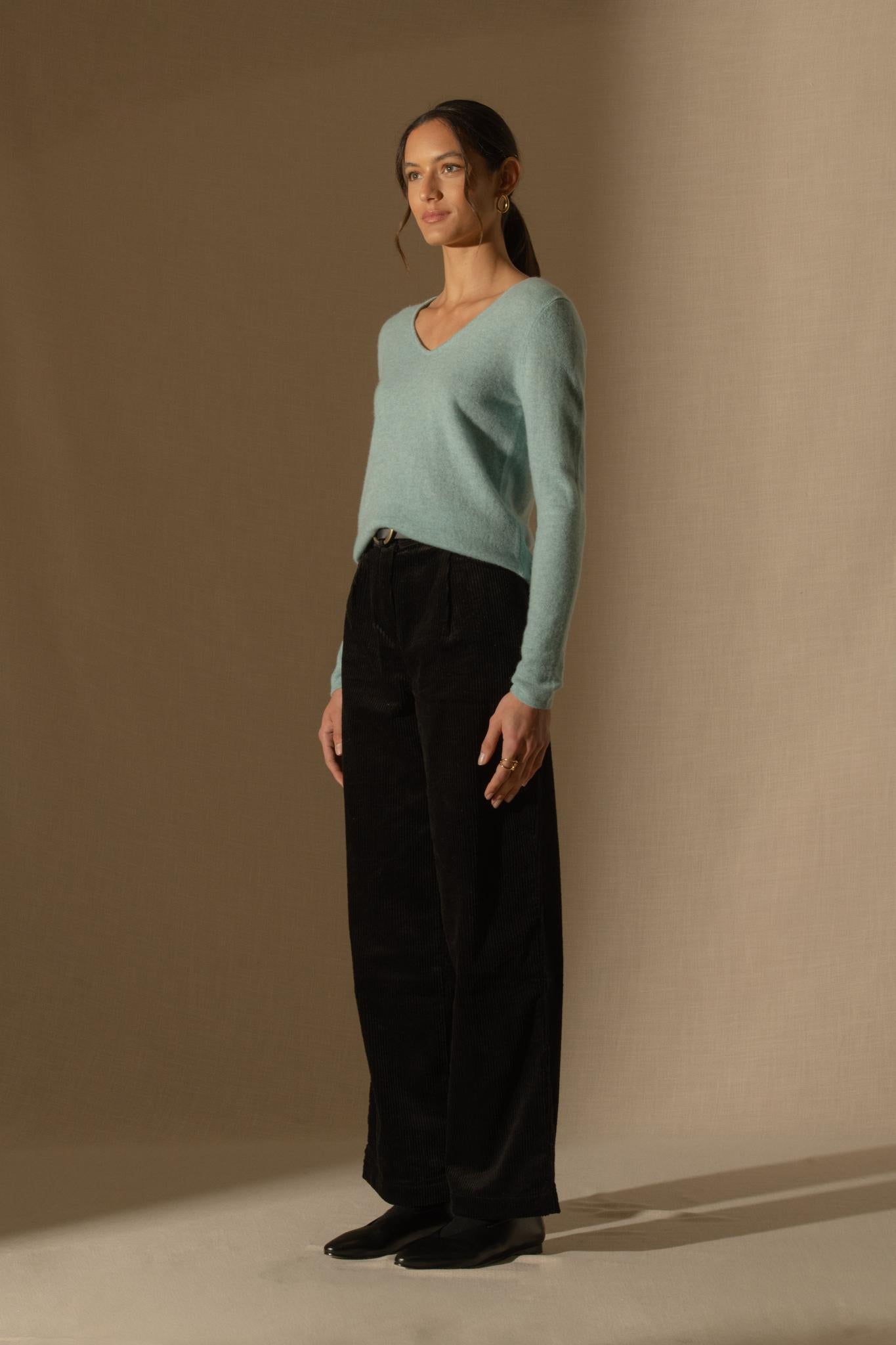 SHANNON pull col v aqua chiné 100% cachemire