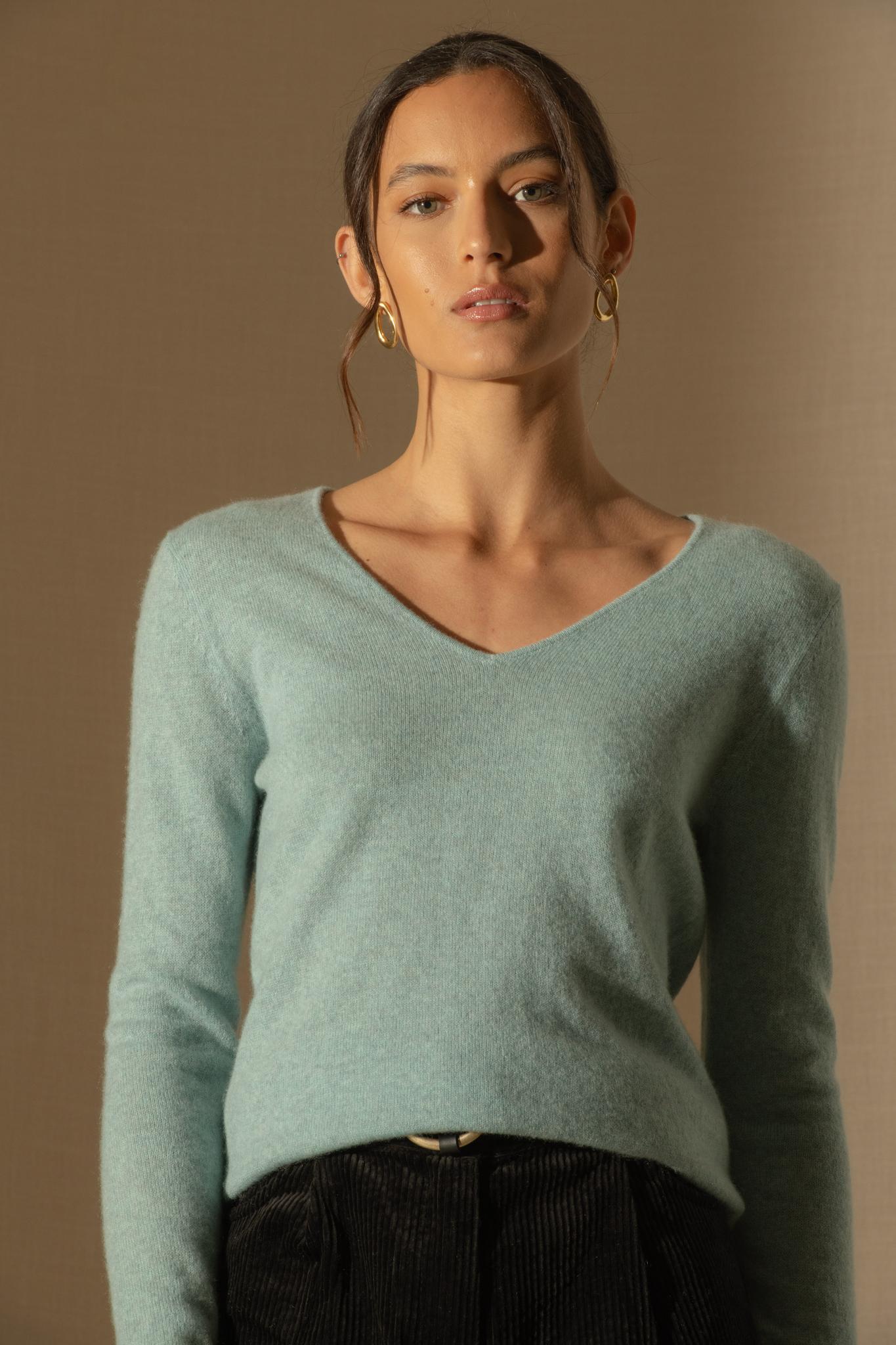 SHANNON pull col v aqua chiné 100% cachemire