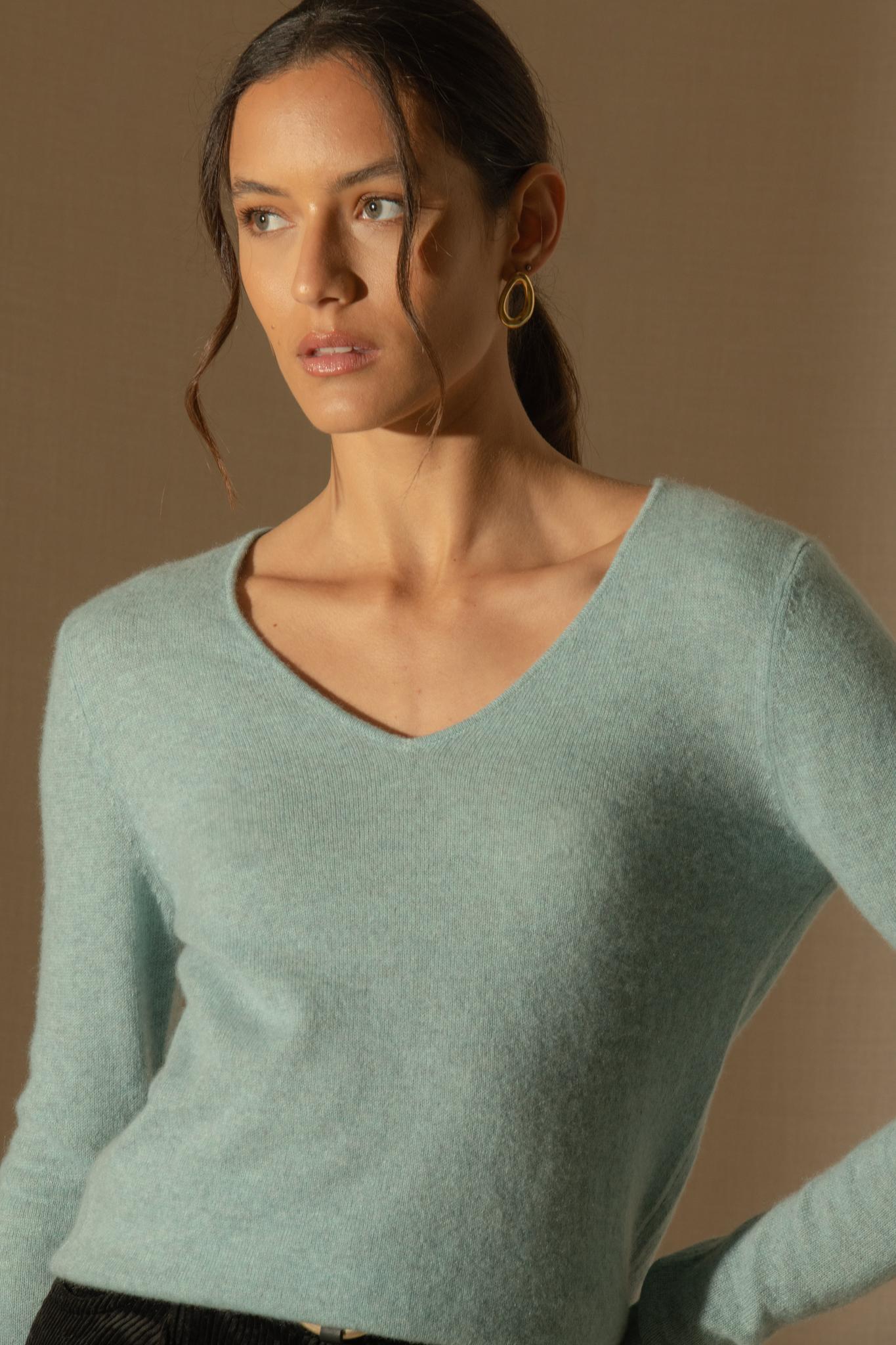 SHANNON pull col v aqua chiné 100% cachemire
