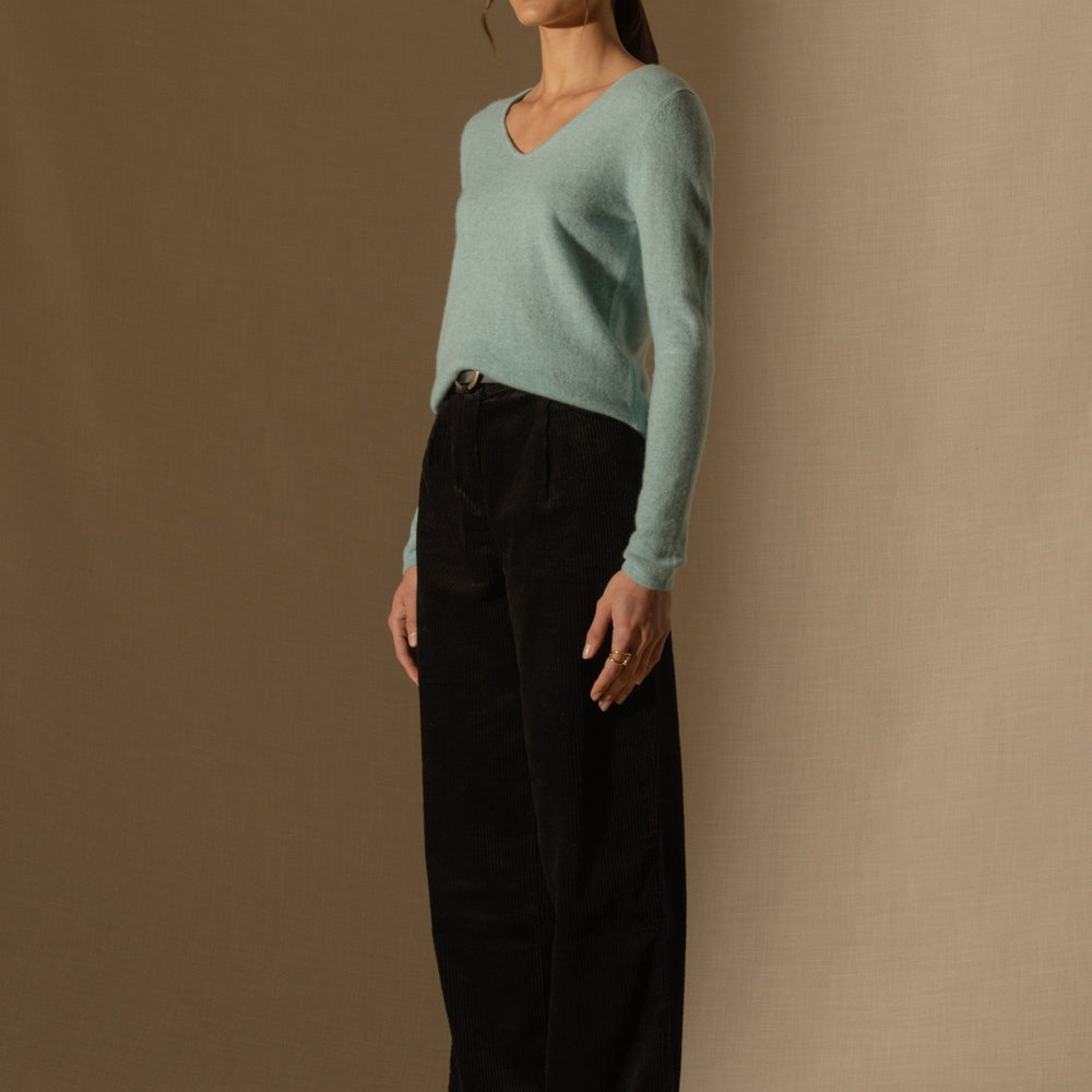 shannon pull col v aqua chiné 100% cachemire