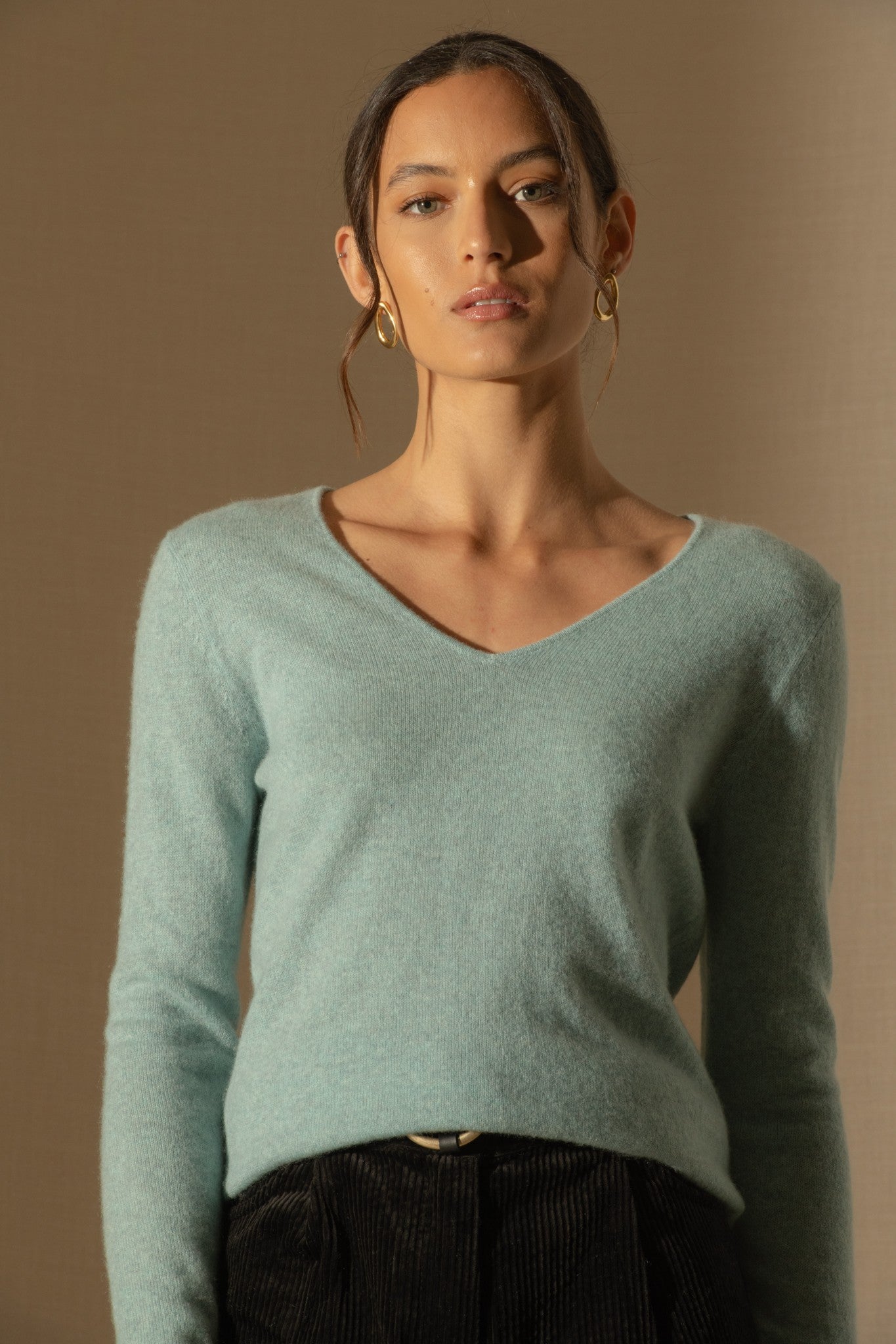 shannon pull col v aqua chiné 100% cachemire