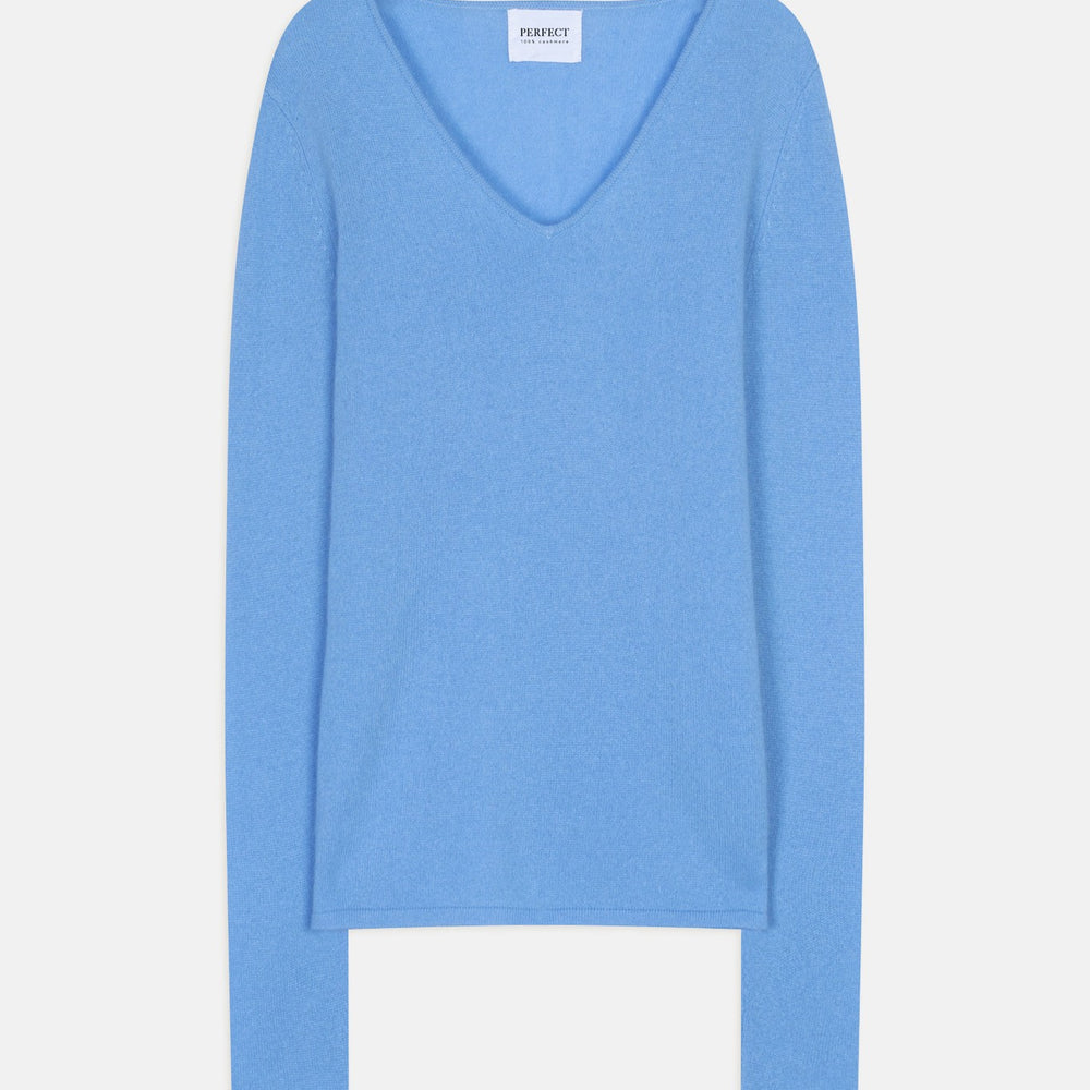 shannon pull col v baby blue 100% cachemire