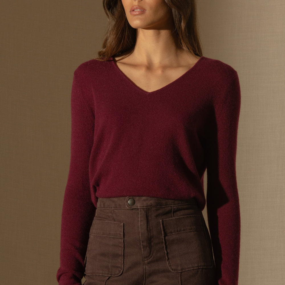 shannon pull col v bordeaux 100% cachemire
