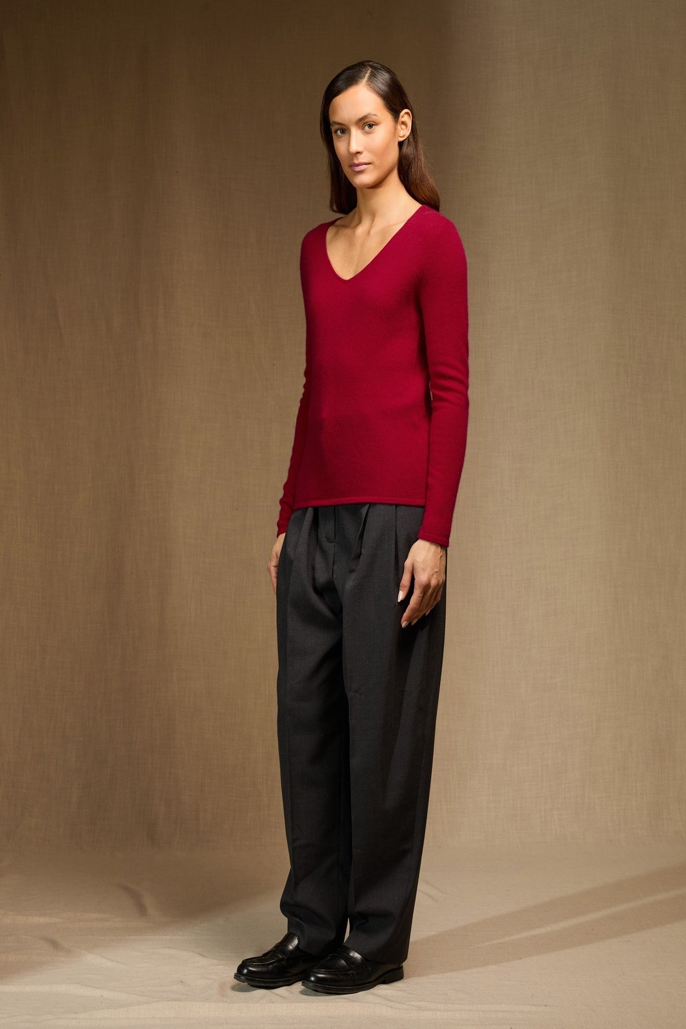 shannon pull col v framboise 100% cachemire