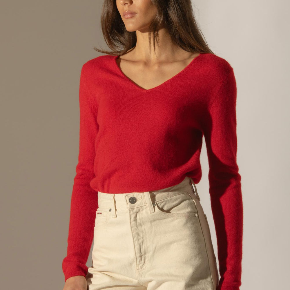 SHANNON pull col v rouge 100% cachemire