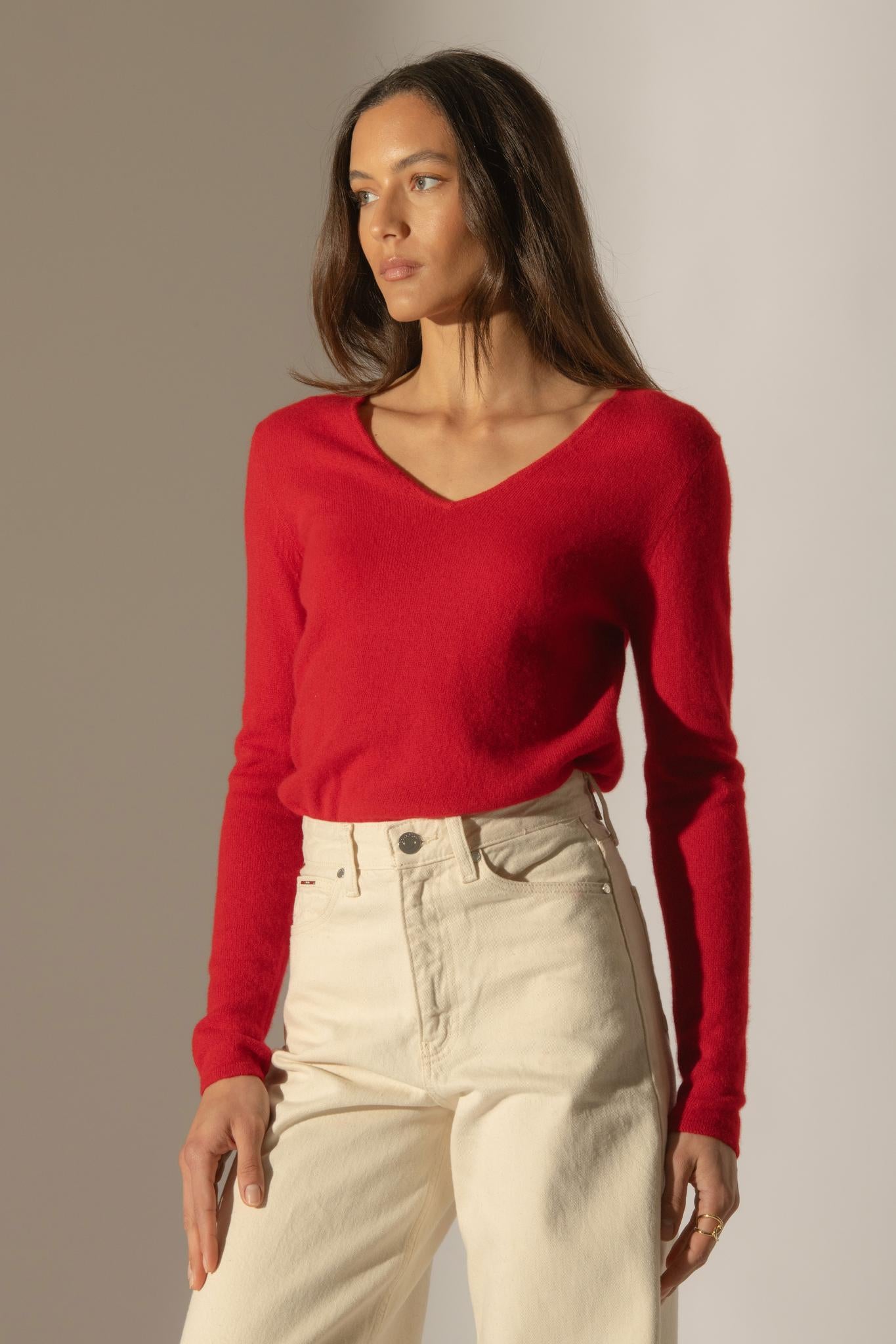 SHANNON pull col v rouge 100% cachemire